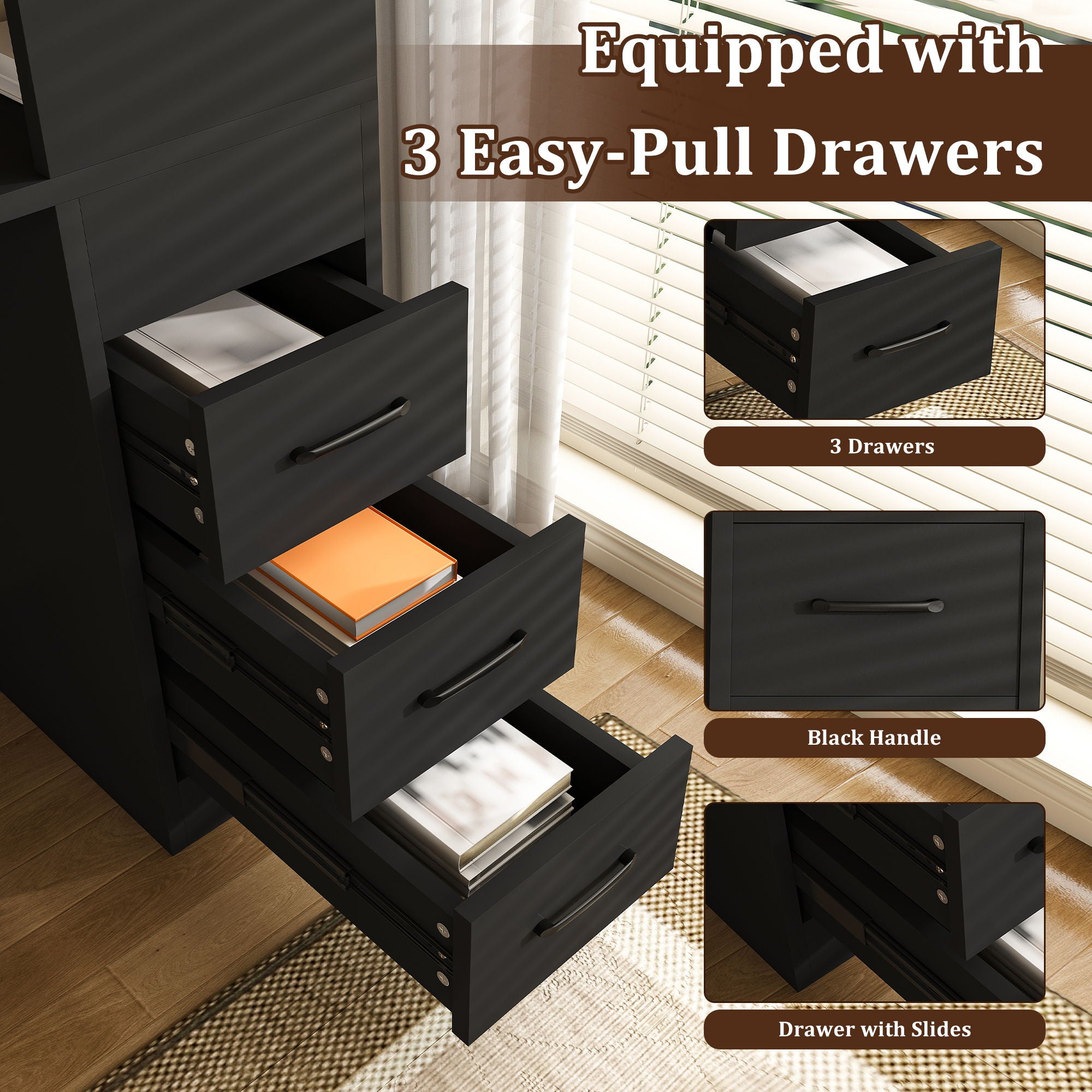 Computer Desk With 4 In 1 Socket & 3 Drawers, 4 Tier Shelves