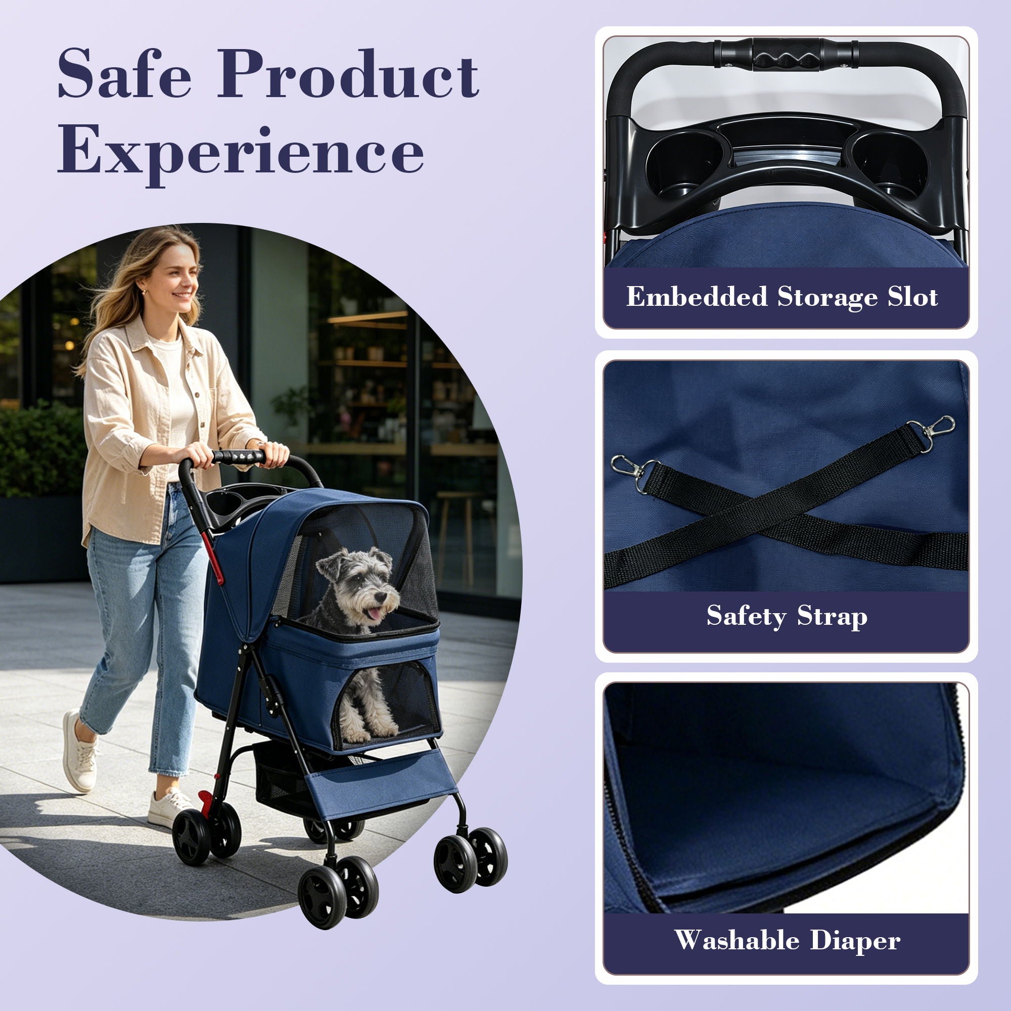 Foldable Pet Stroller For Small Dogs And Cats With Multi Functional Tray