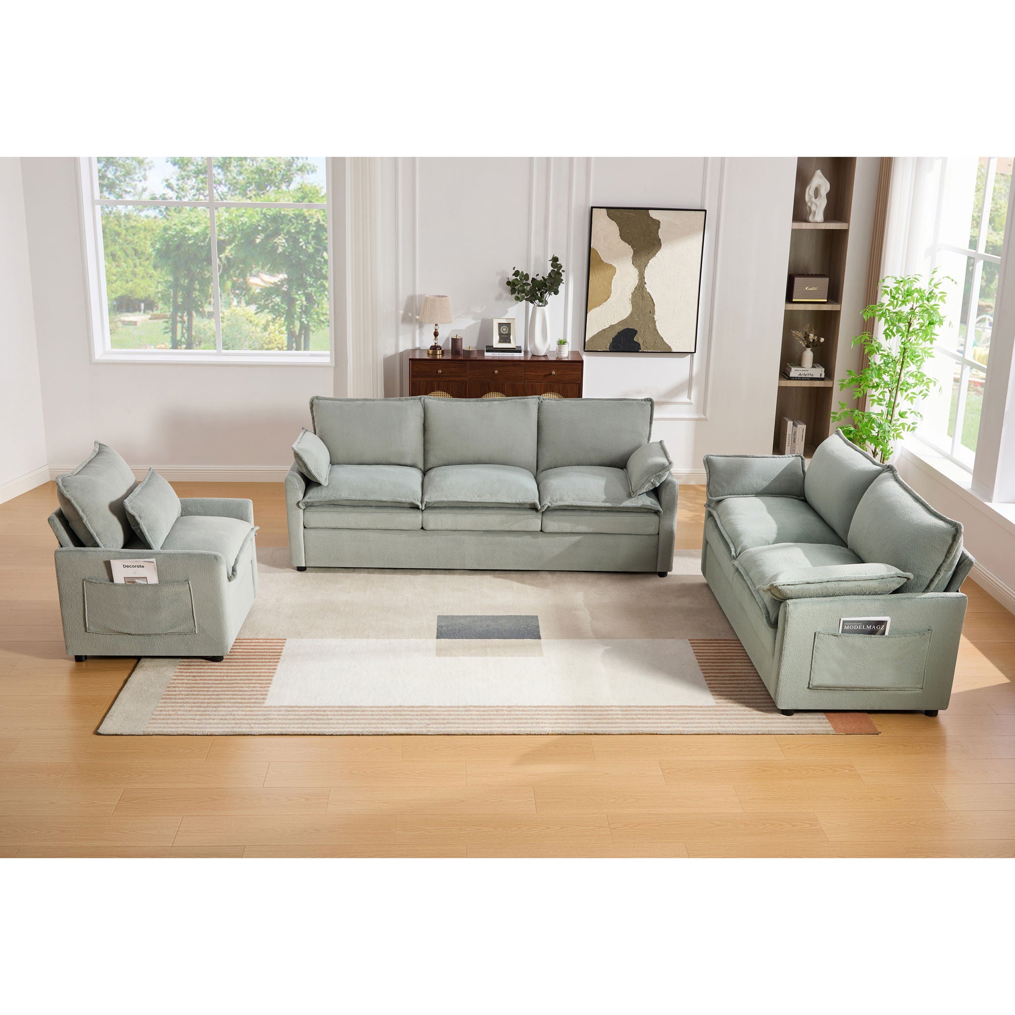 Modern Sofa Set With Double Layer Cushion And Side Storage Pockets
