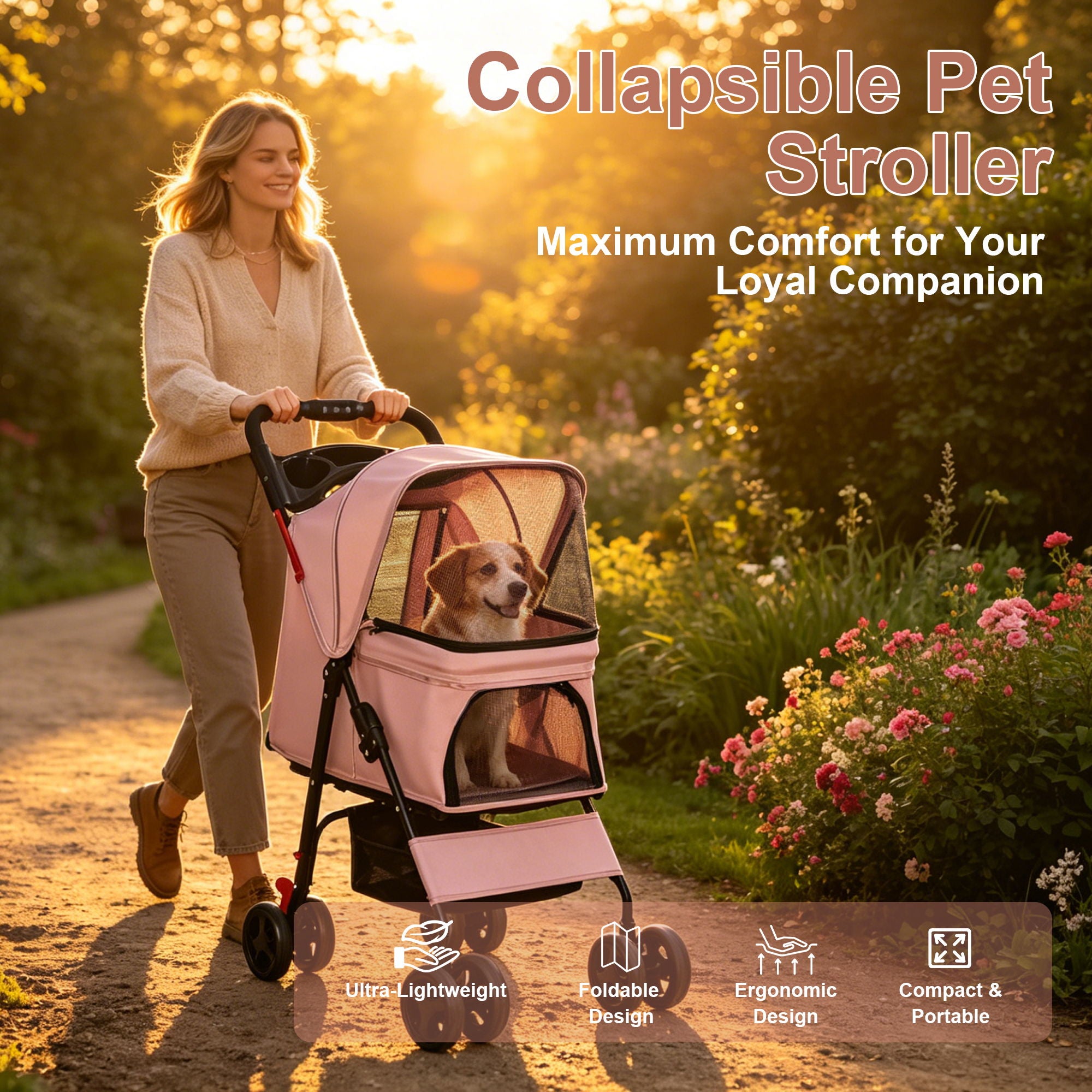 Foldable Pet Stroller For Small Dogs And Cats With Multi Functional Tray
