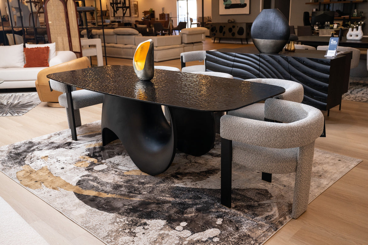 Neptune - Modern Grey Wave Glass + Black Dining Table