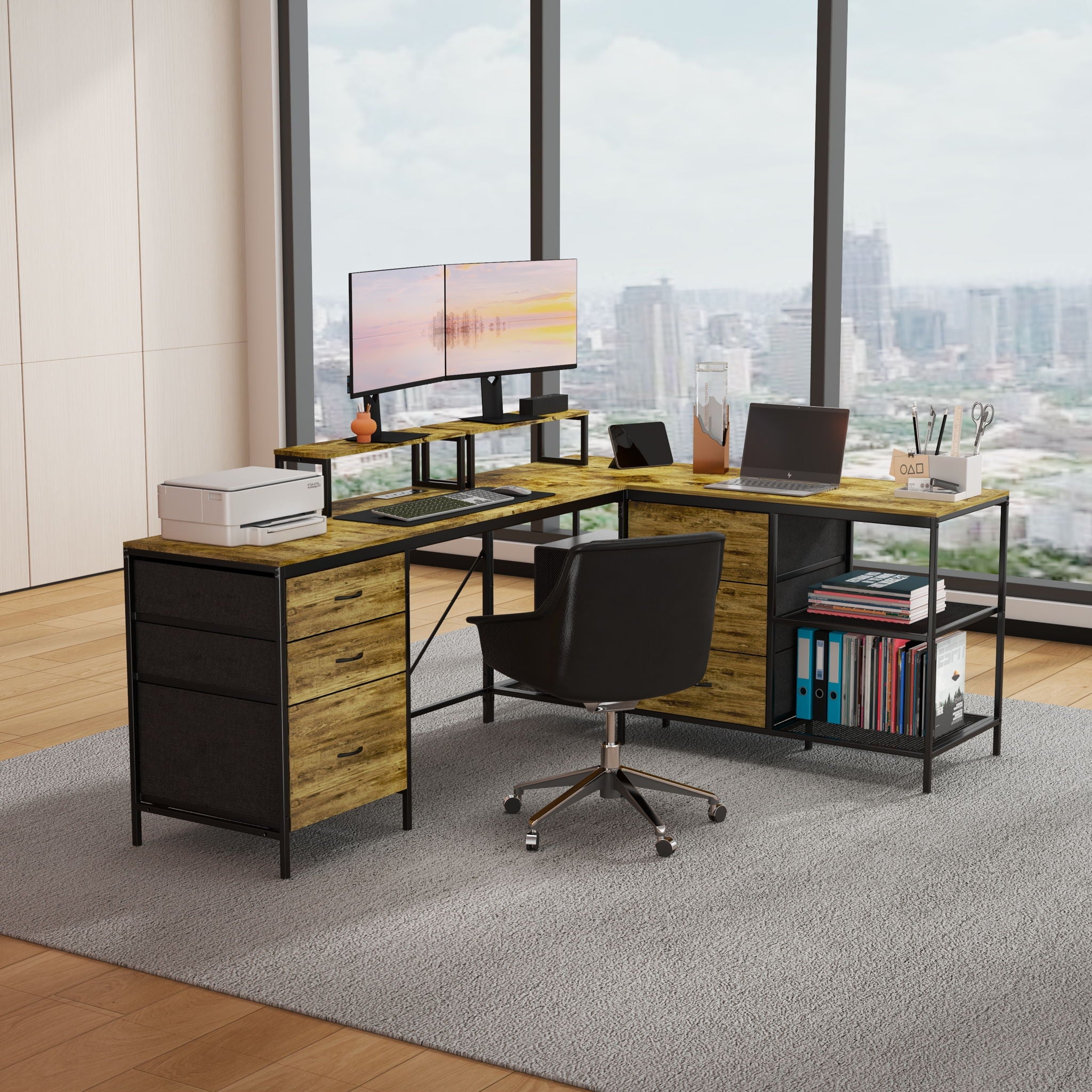 Industrial L Shaped Computer Desk With Power Outlets & USB-C, 6 Fabric Drawers, 3 Open Shelves, Movable Monitor Stands - Brown
