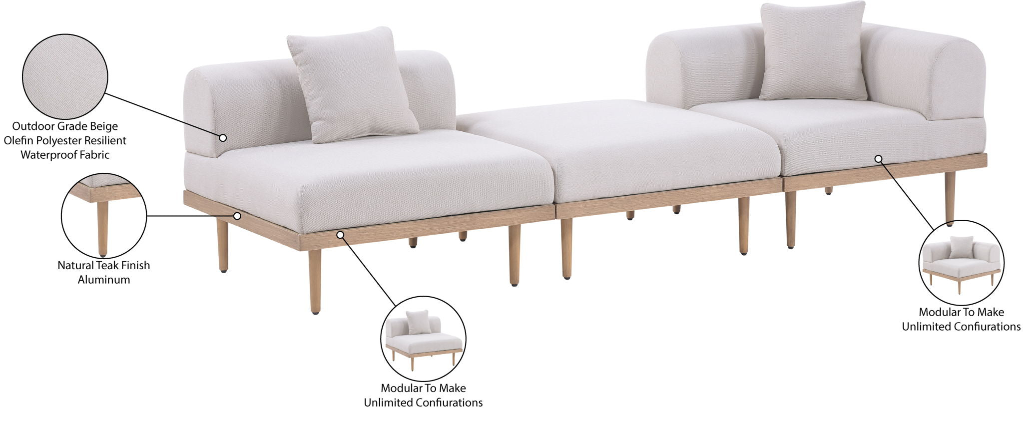 Laguna - 3 Piece Upholstered Outdoor Patio Modular Sofa With Backless Seat And 1 Arm