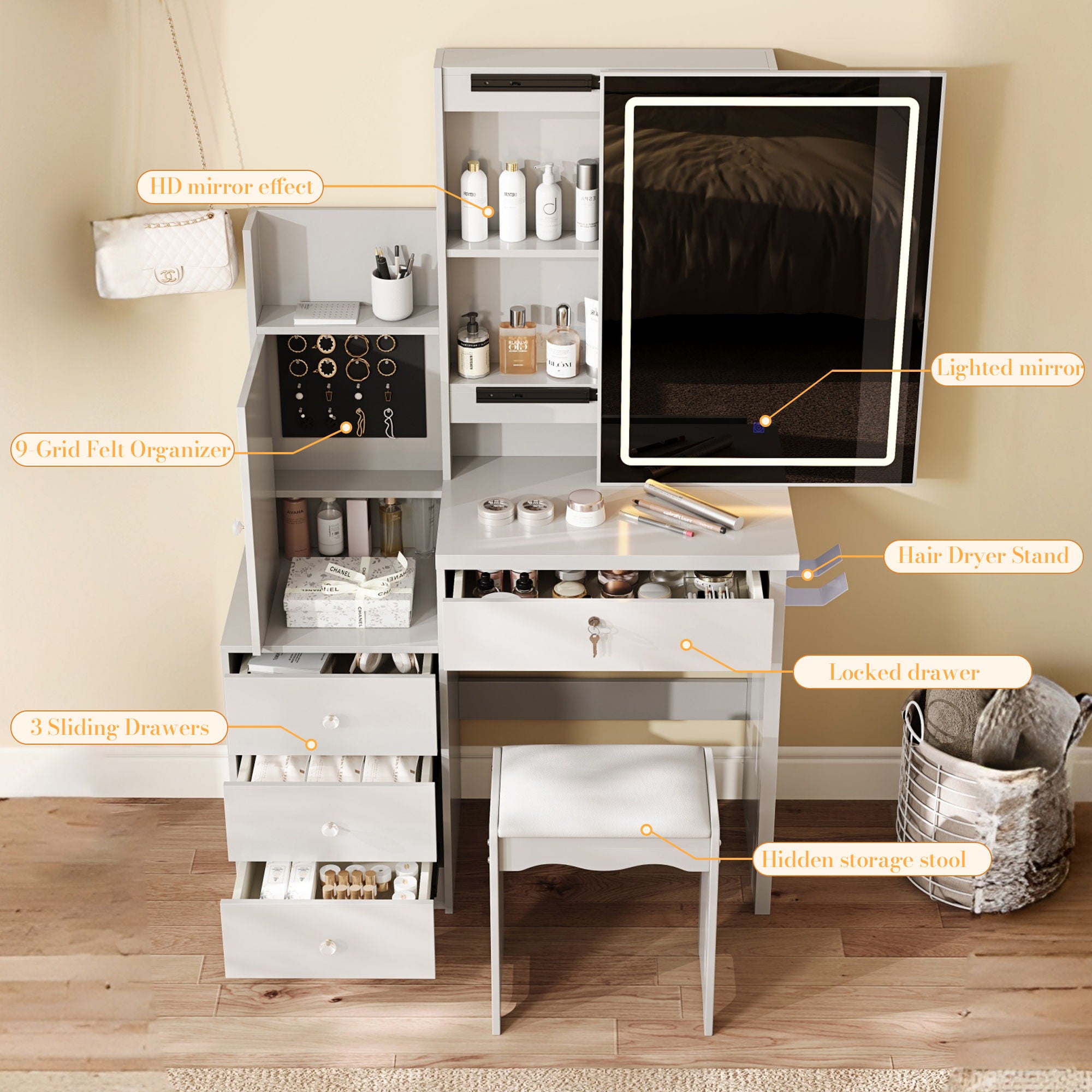 Vanity Desk Set With Sliding Lighted Mirror, 4 Drawer Makeup Dressing Table With 9 Storage Spaces, Hidden Compartments & Cushioned Stool, Beauty Furniture For Bedroom - White