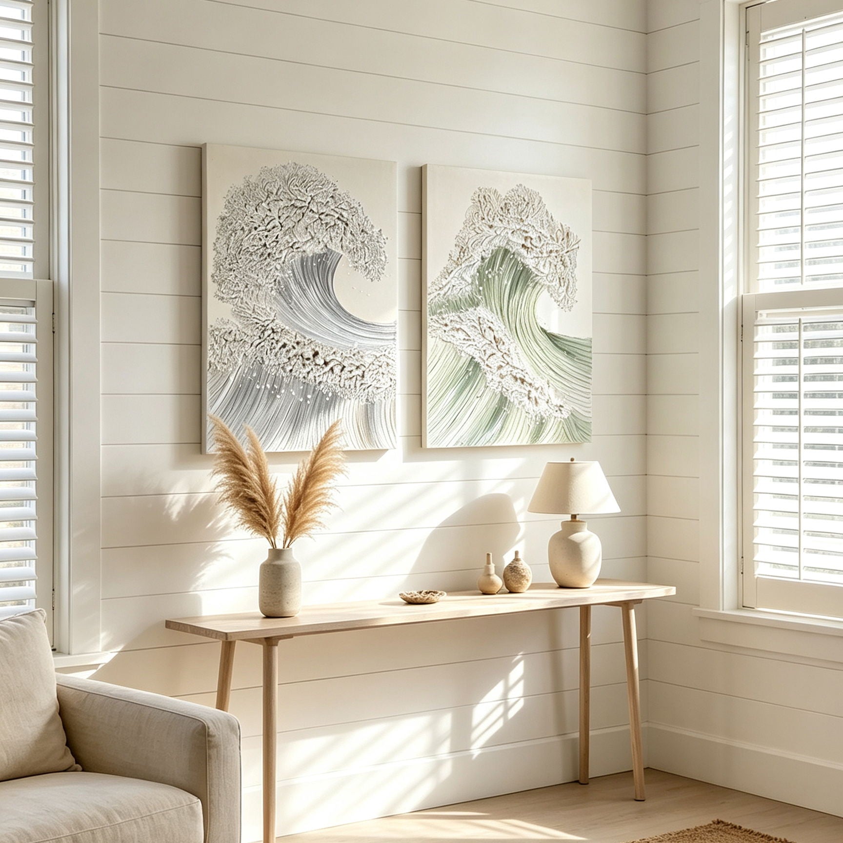 Ocean Wave Wall Art, Textured Canvas Painting With Accents (Set of 2) - Sage Green+Gold