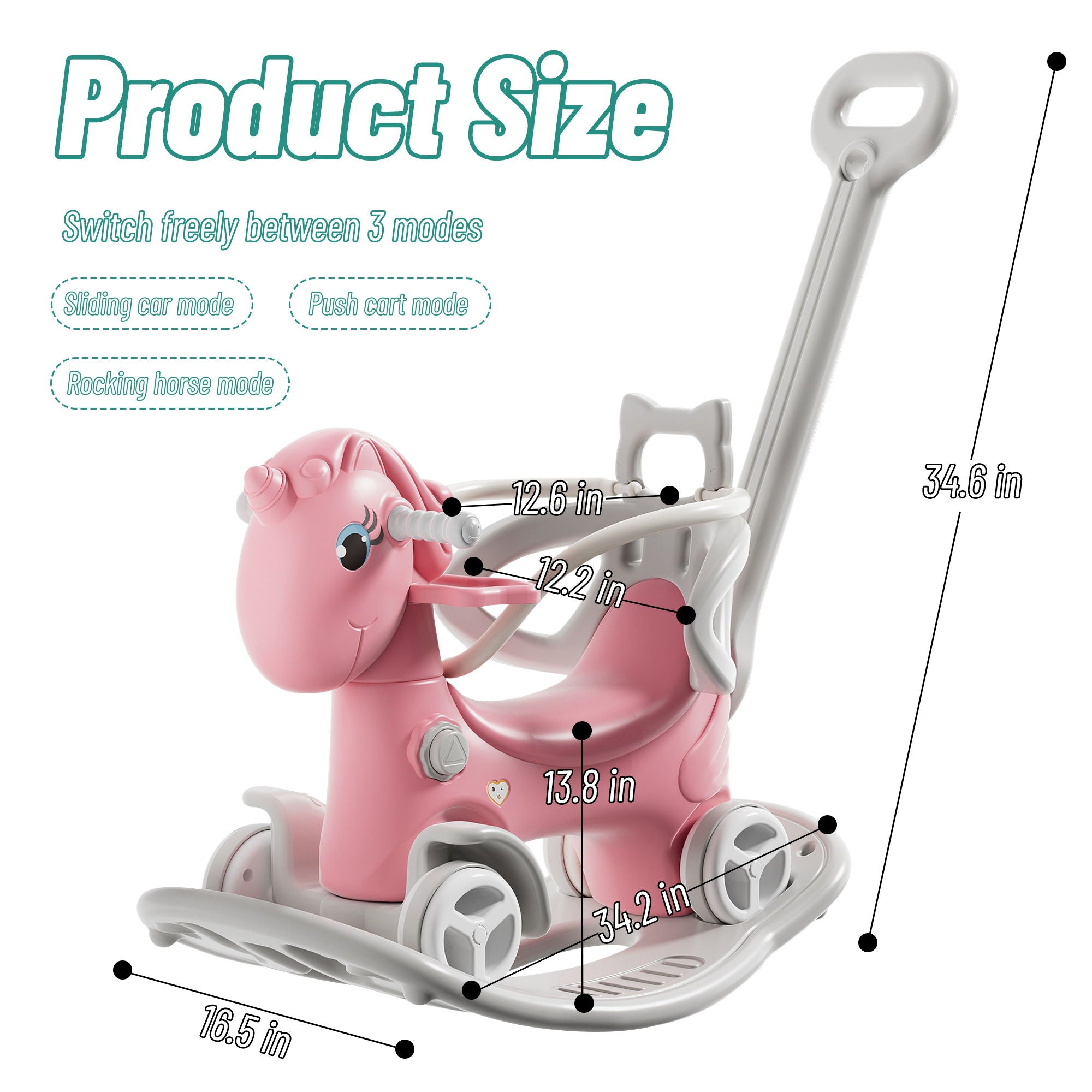 Unicorn Rocking Horse For Toddlers, Ride On Toy With Push Handle And Balance Board - Pink