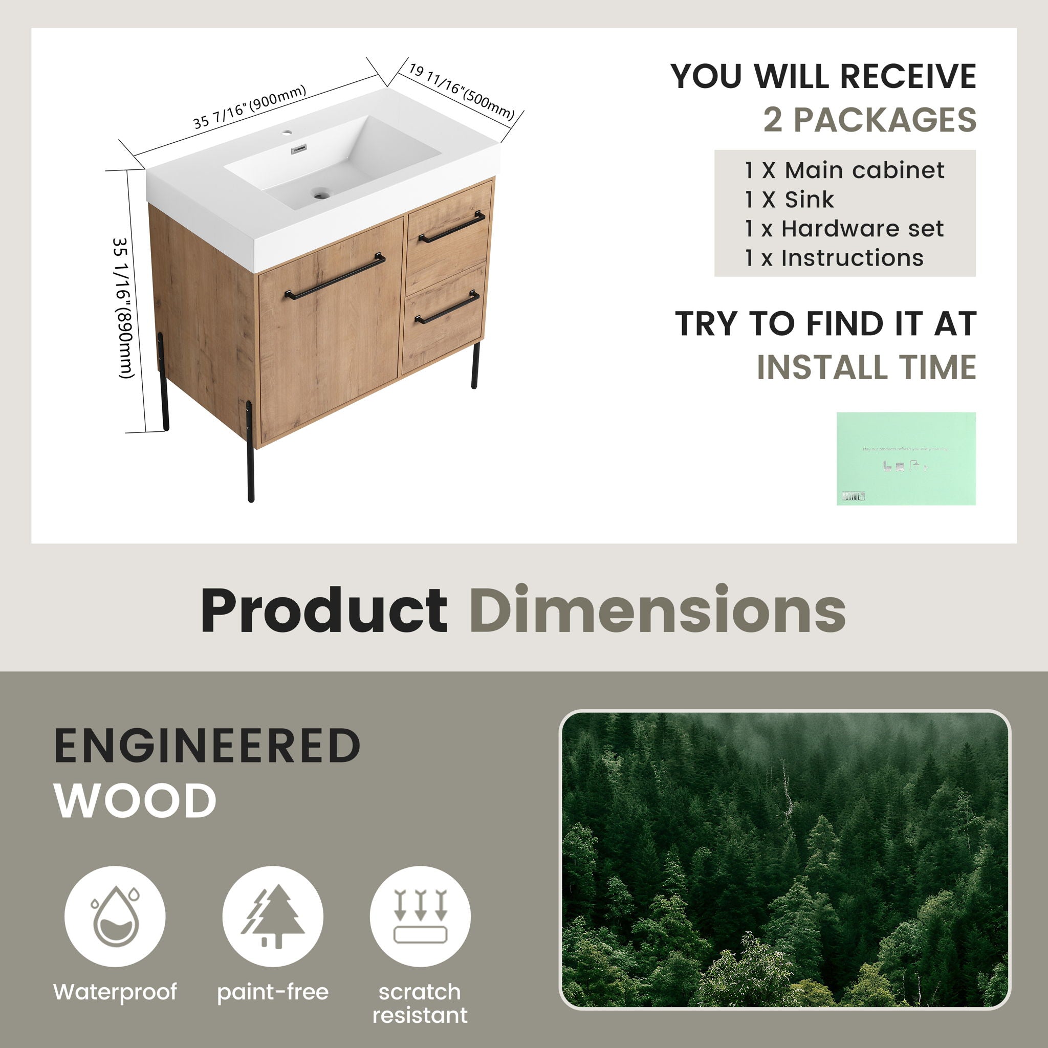 36" Freestanding Bathroom Vanity With Sink, Soft Close Doors & 2 Drawers - Imitative Oak