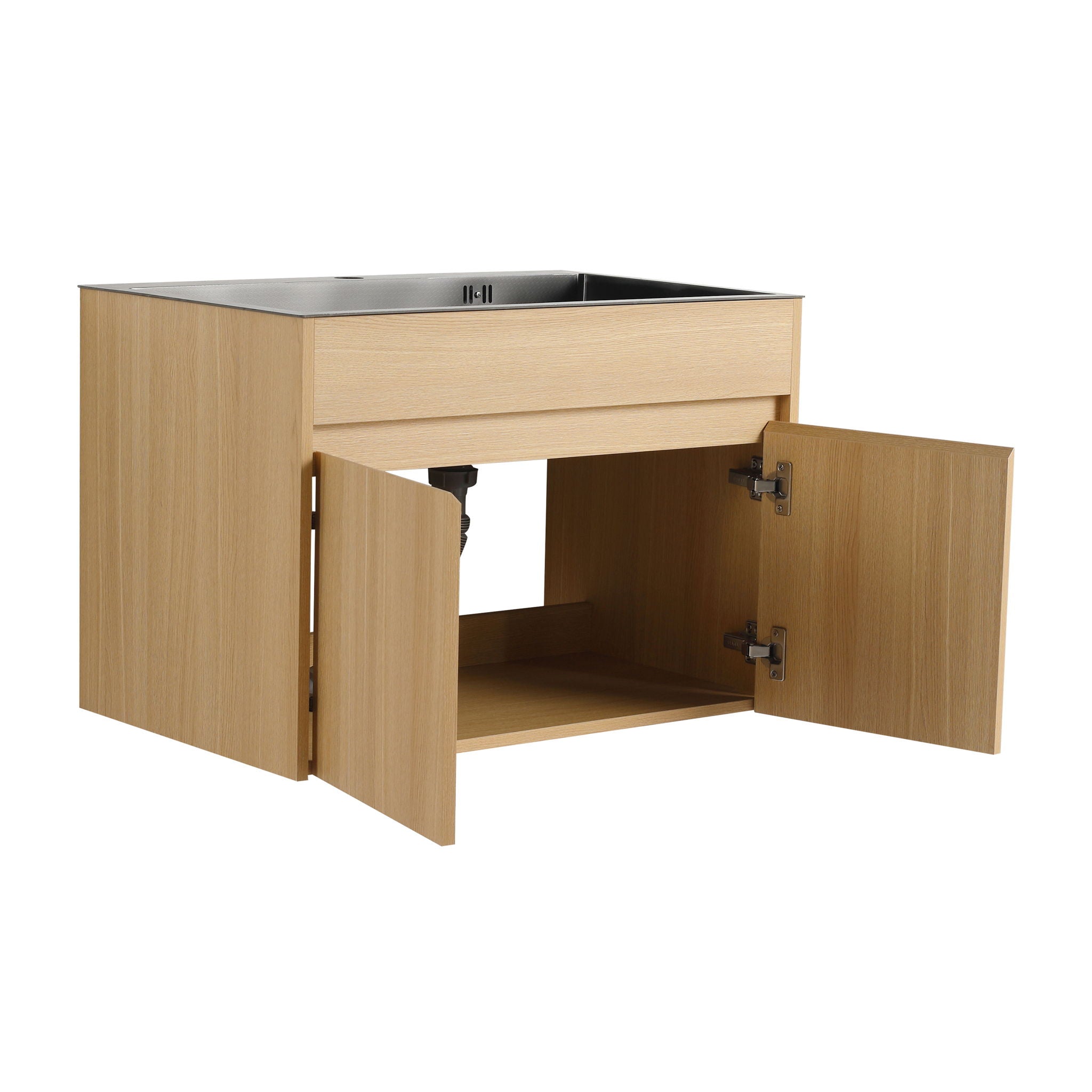 28" Wall Mounted Bathroom Vanity With Stainless Steel Sink, Soft Close Doors - Oak