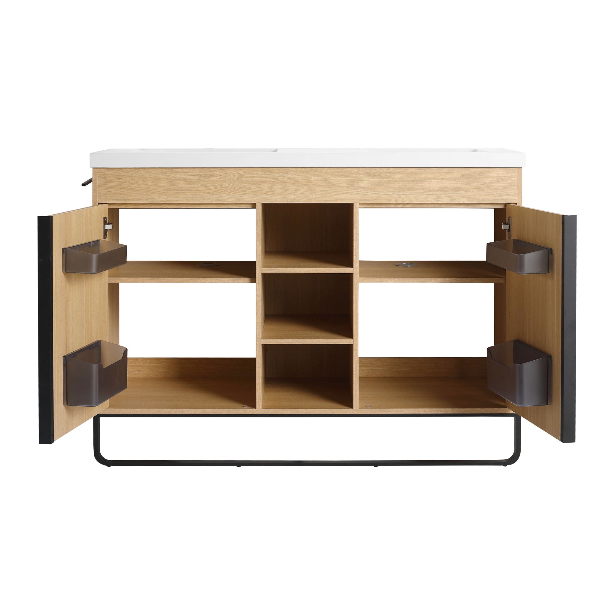 48" Freestanding Bathroom Vanity With Double Sink, 2 Soft Close Doors & 3 Open Shelves - Oak