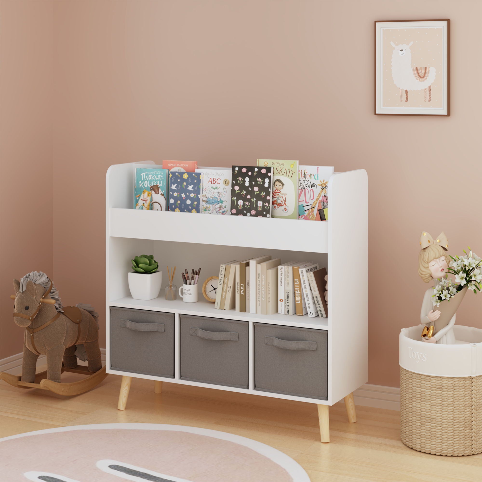 Bookshelf With 3 Bins, Storage Shelf For Toys And Books