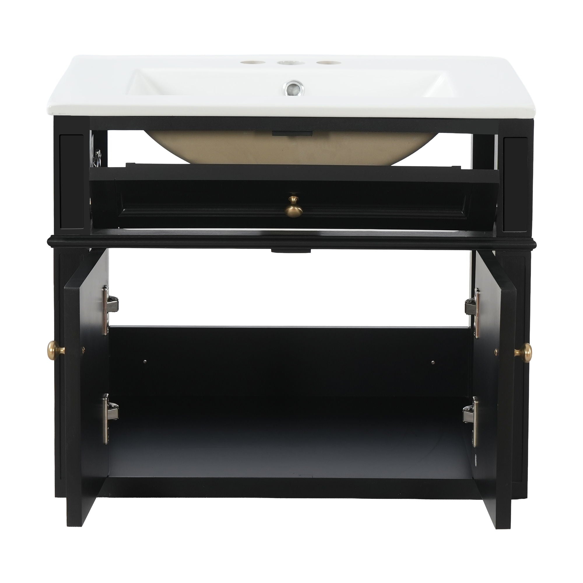 Wall Mounted Bathroom Vanity With Tip Out Drawer And Open Back Design