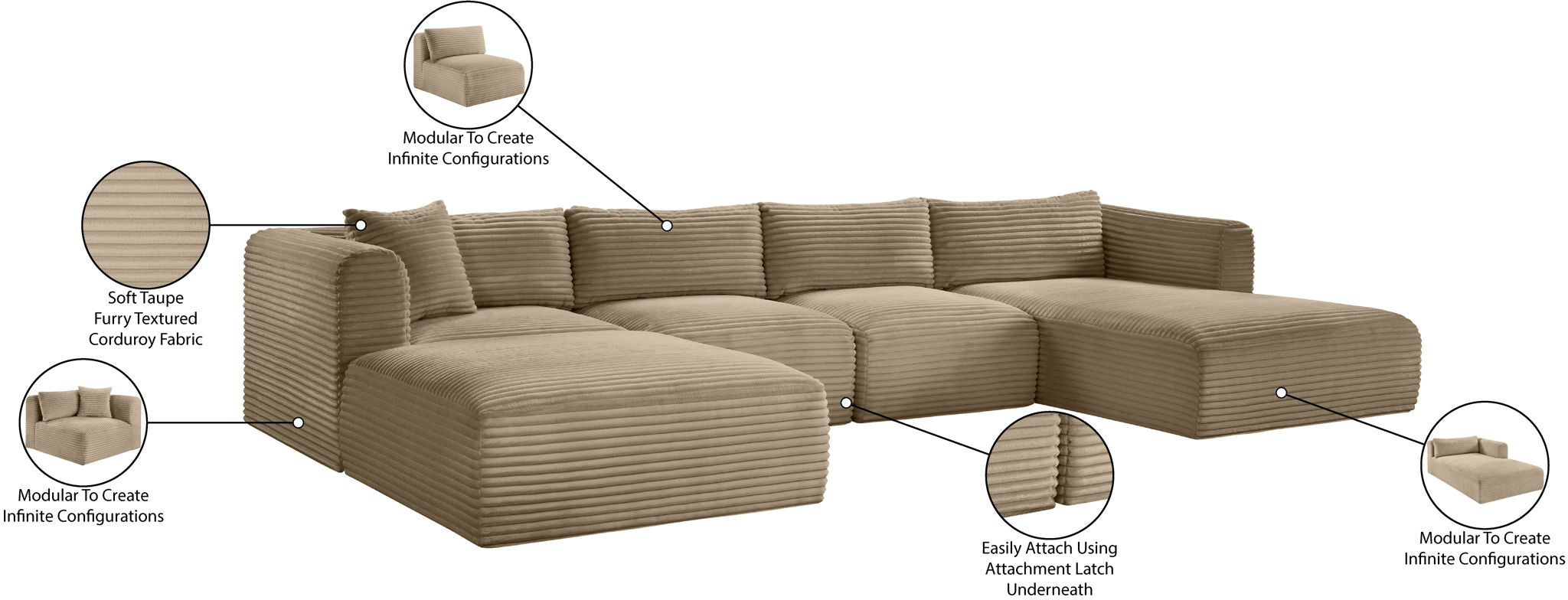 Shaggy - Fabric 5 Piece Modular Sectional With Chaise And Ottoman