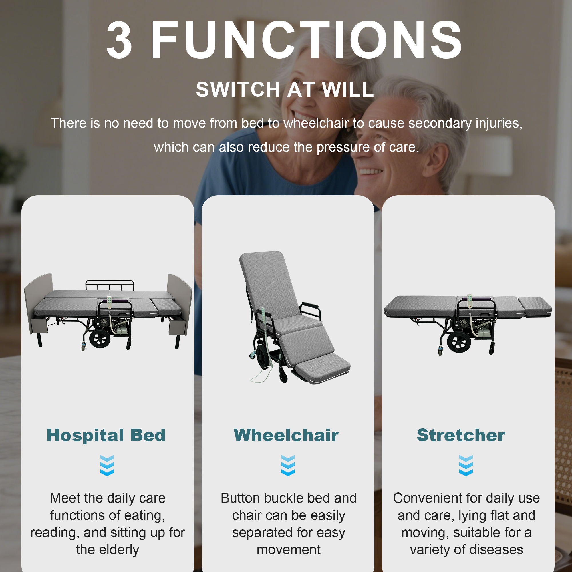 Dual Motor 3 In 1 Electric Nursing Bed Convertible To Wheelchair & Stretcher - Gray