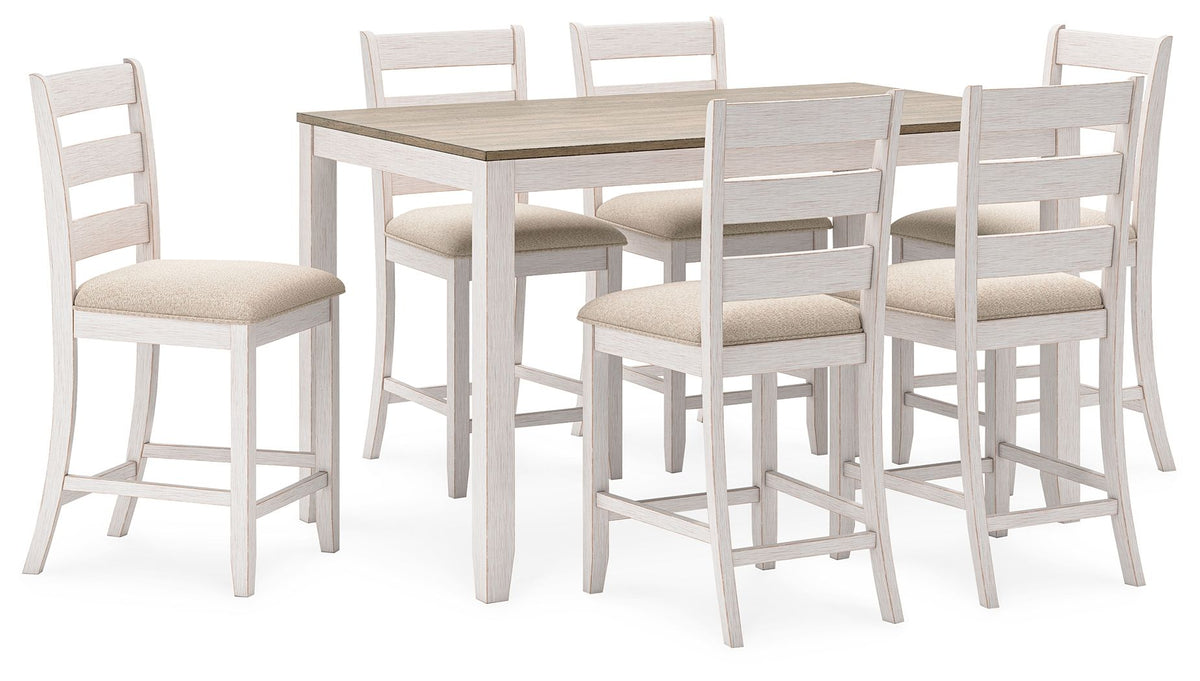Skempton - Counter Height Dining Table and Bar Stools (Set of 7) - White / Light Brown