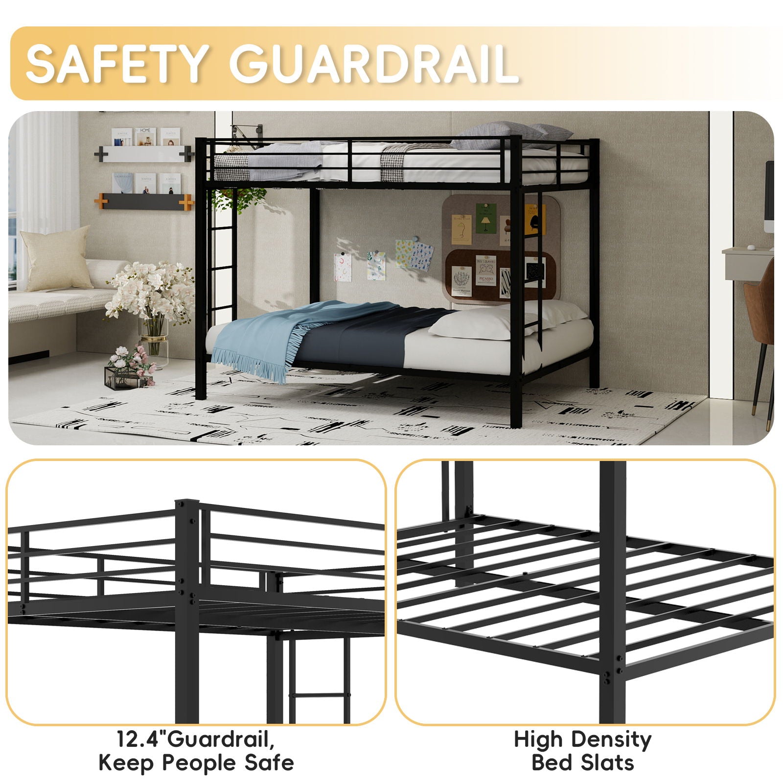 Bunk Bed For Kids, Convertible Frame With Ladders & Guardrail