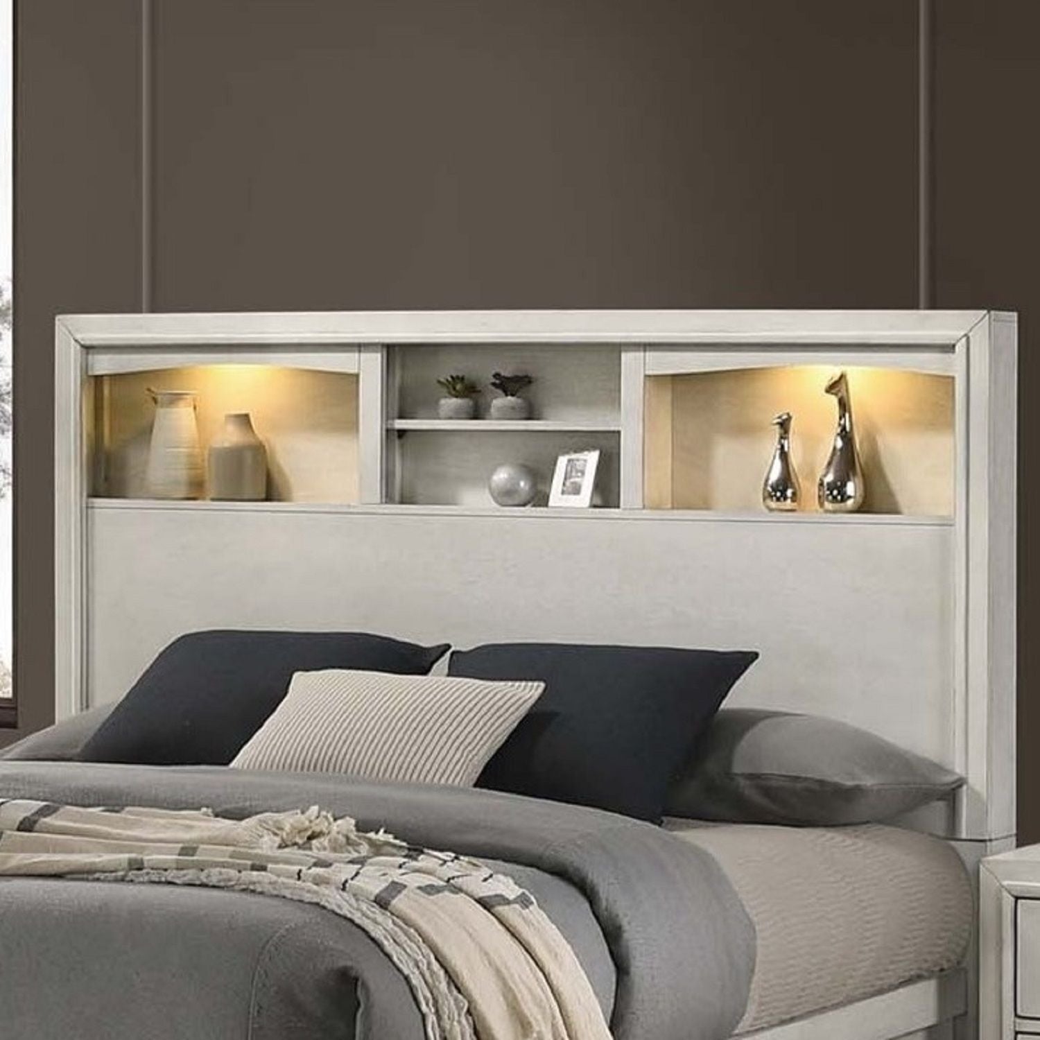 Transitional Bed With Smooth Gliding Drawers, Built In Lights, Open Headboard Shelves
