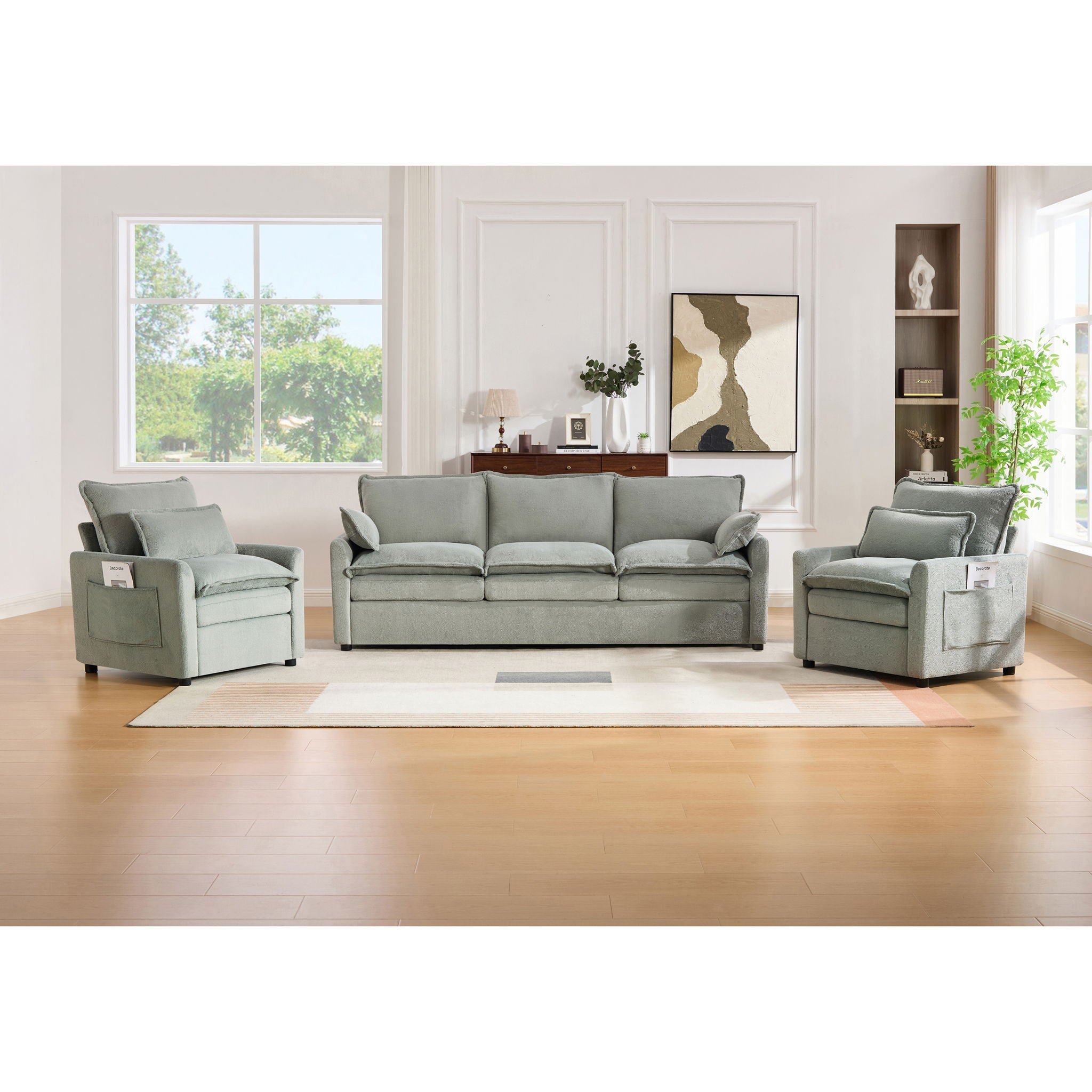 Modern Sofa Set With Double Layer Cushion And Side Storage Pockets