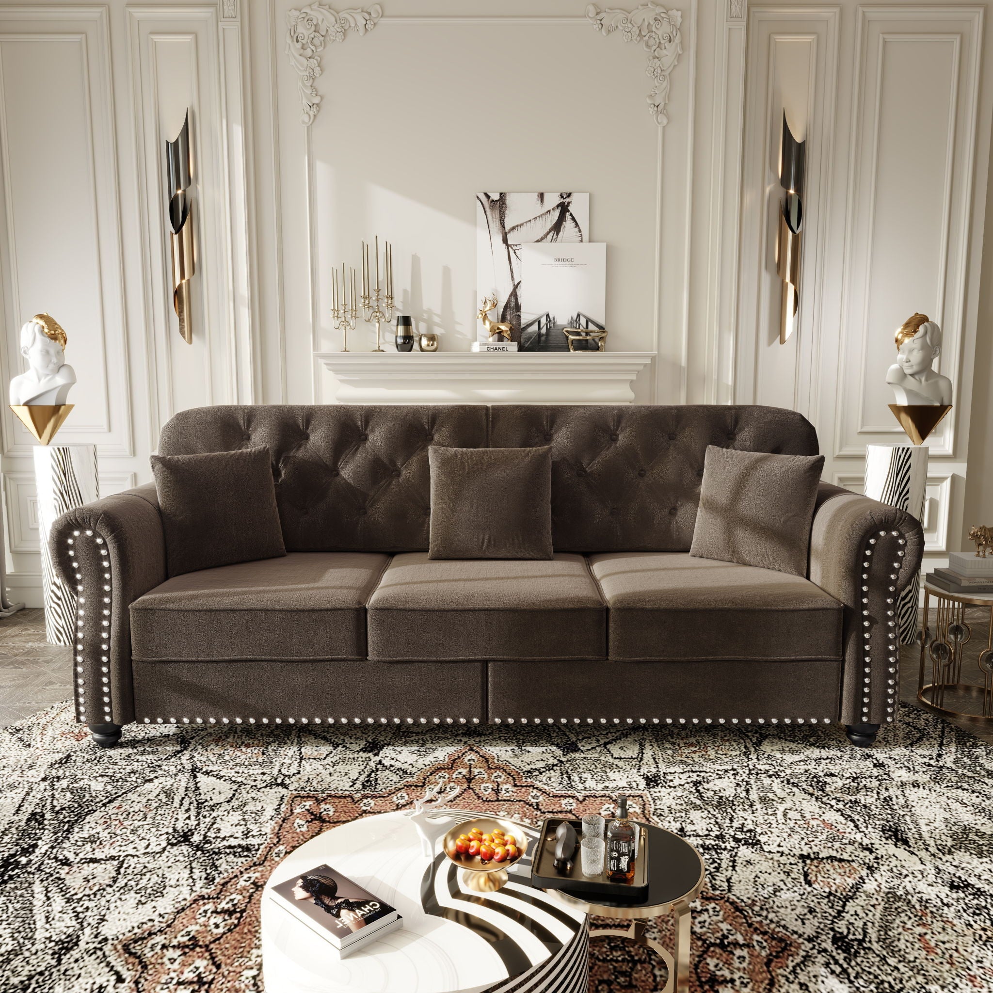 Upholstered 3 Seater Sofa Set With Ottoman