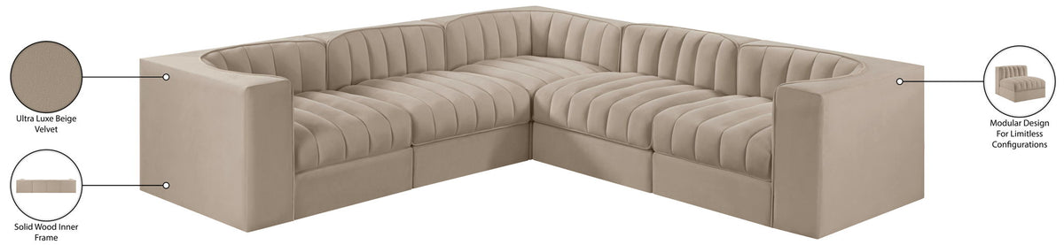 Rummi - Symmetrical Velvet Performance Fabric Upholstered 5 Piece Modular Sectional