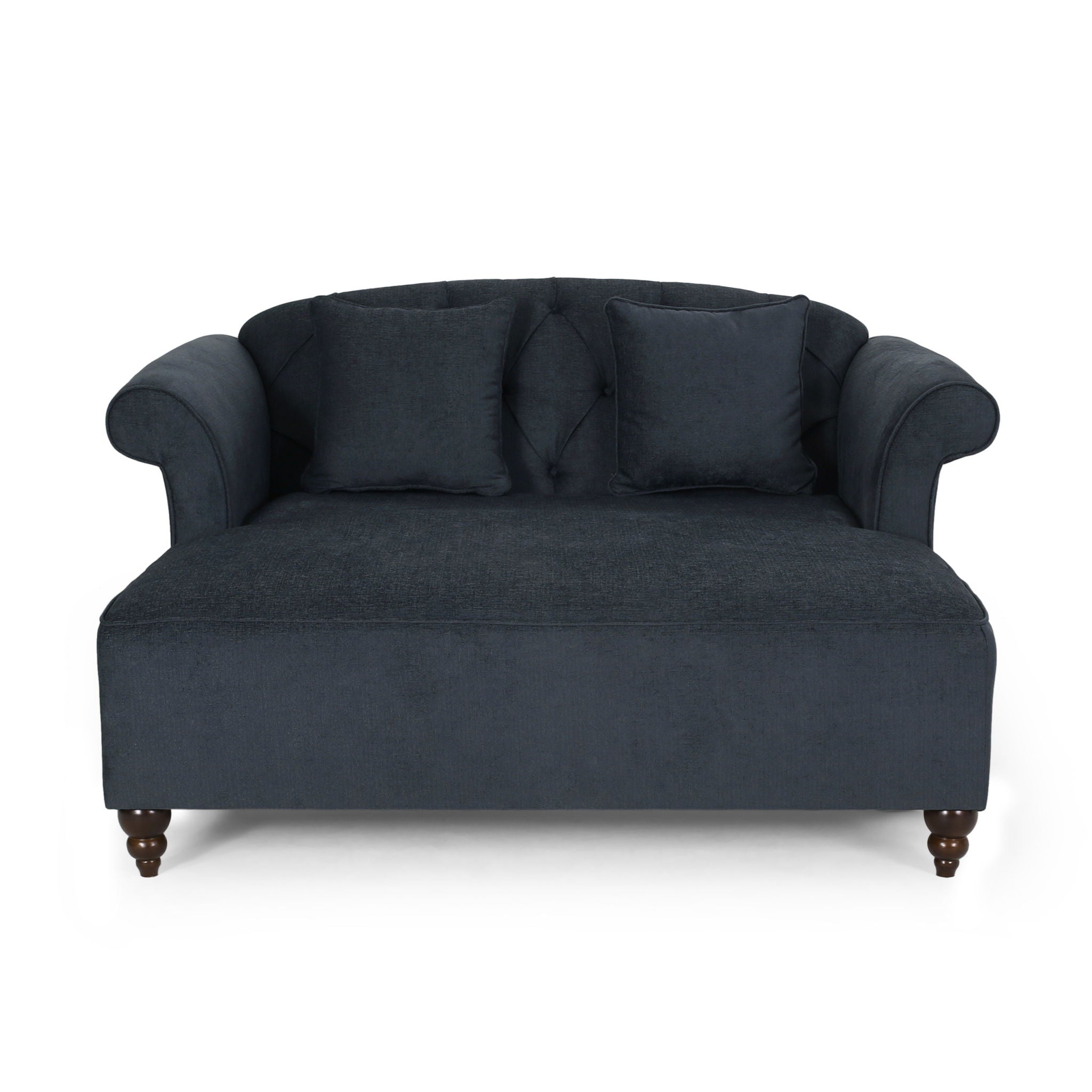 Upholstered Chaise Lounge & Scroll Arms, Turned Legs And 2 Pillows - Charcoal