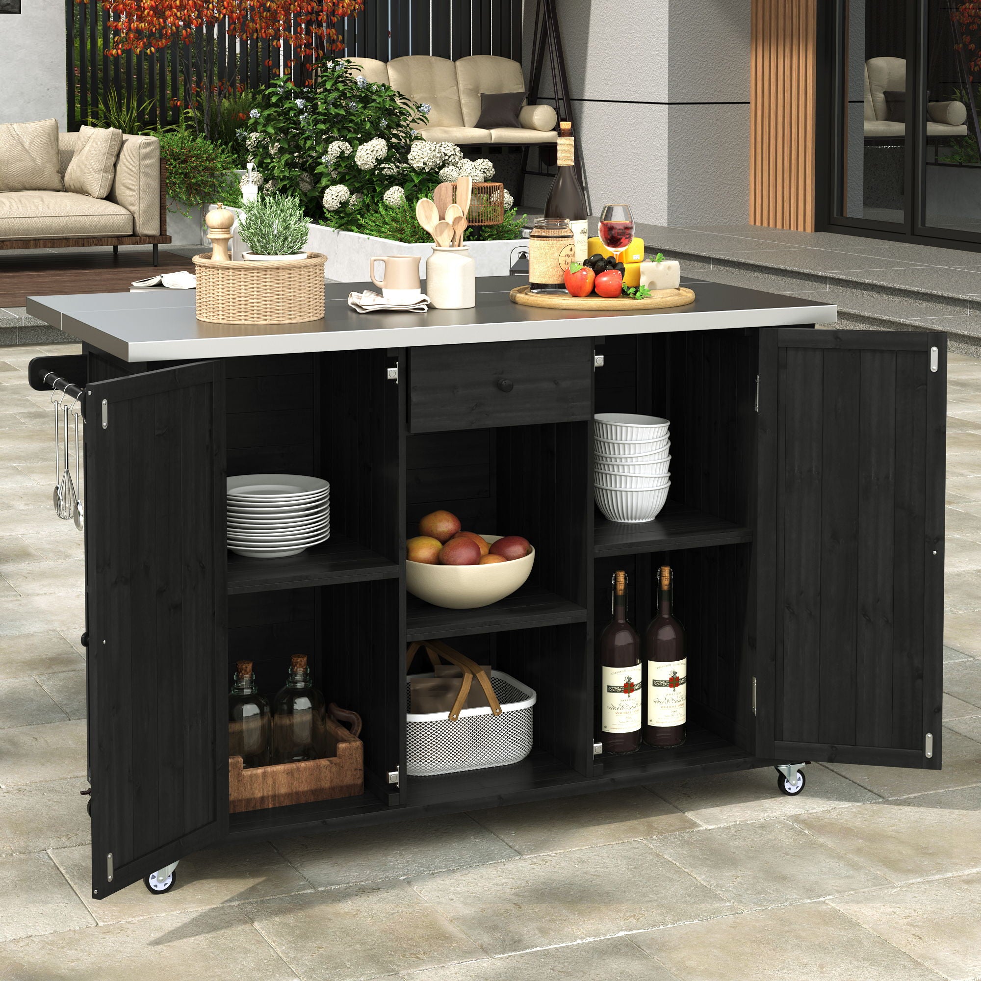 Outdoor Kitchen Island With Stainless Steel Top, Ample Storage Space, Towel And Spice Racks And A Bottle Opener