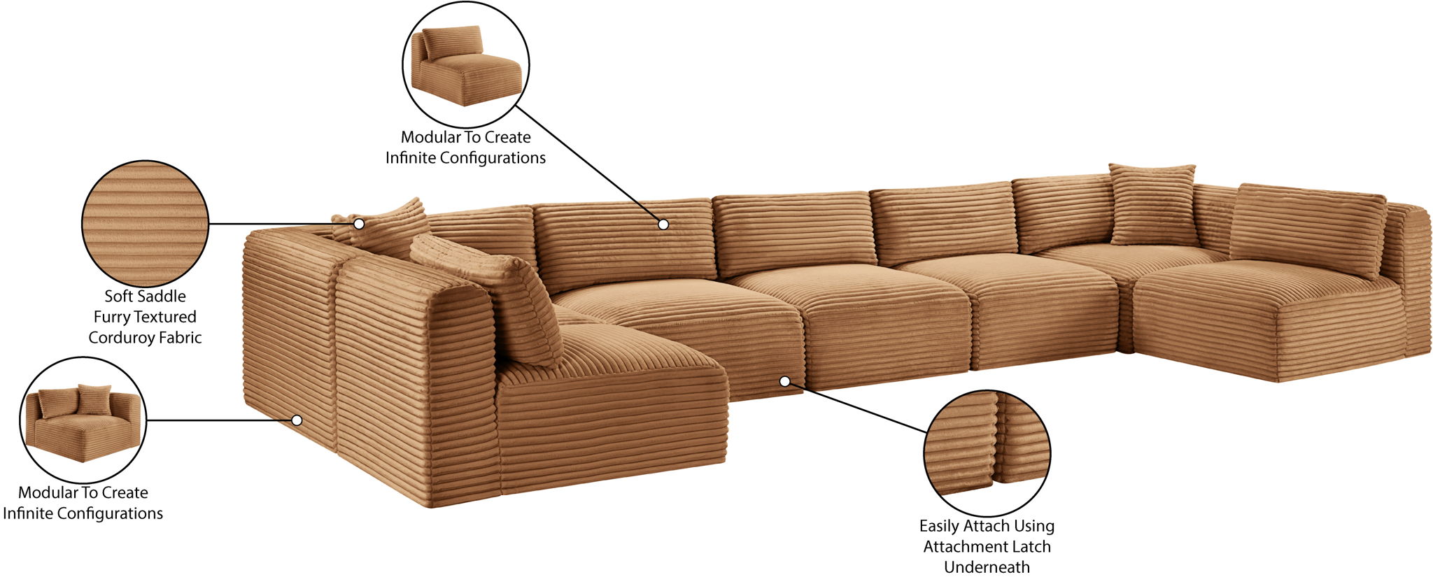 Shaggy - Fabric 7 Piece Modular U-Shaped Armless Sectional