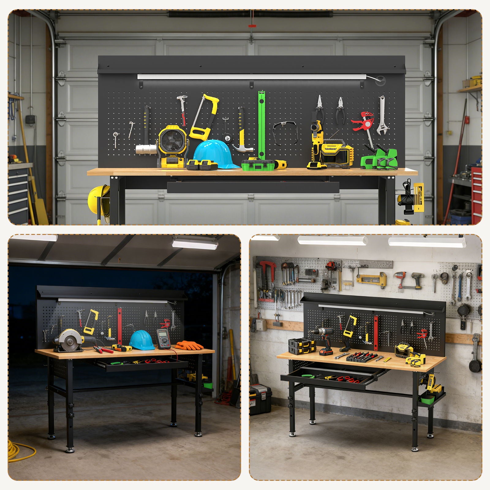 Adjustable Height Workbench, Includes Drawers, Power Outlet, LED Light, Wheels Or Leveling Feet - Black