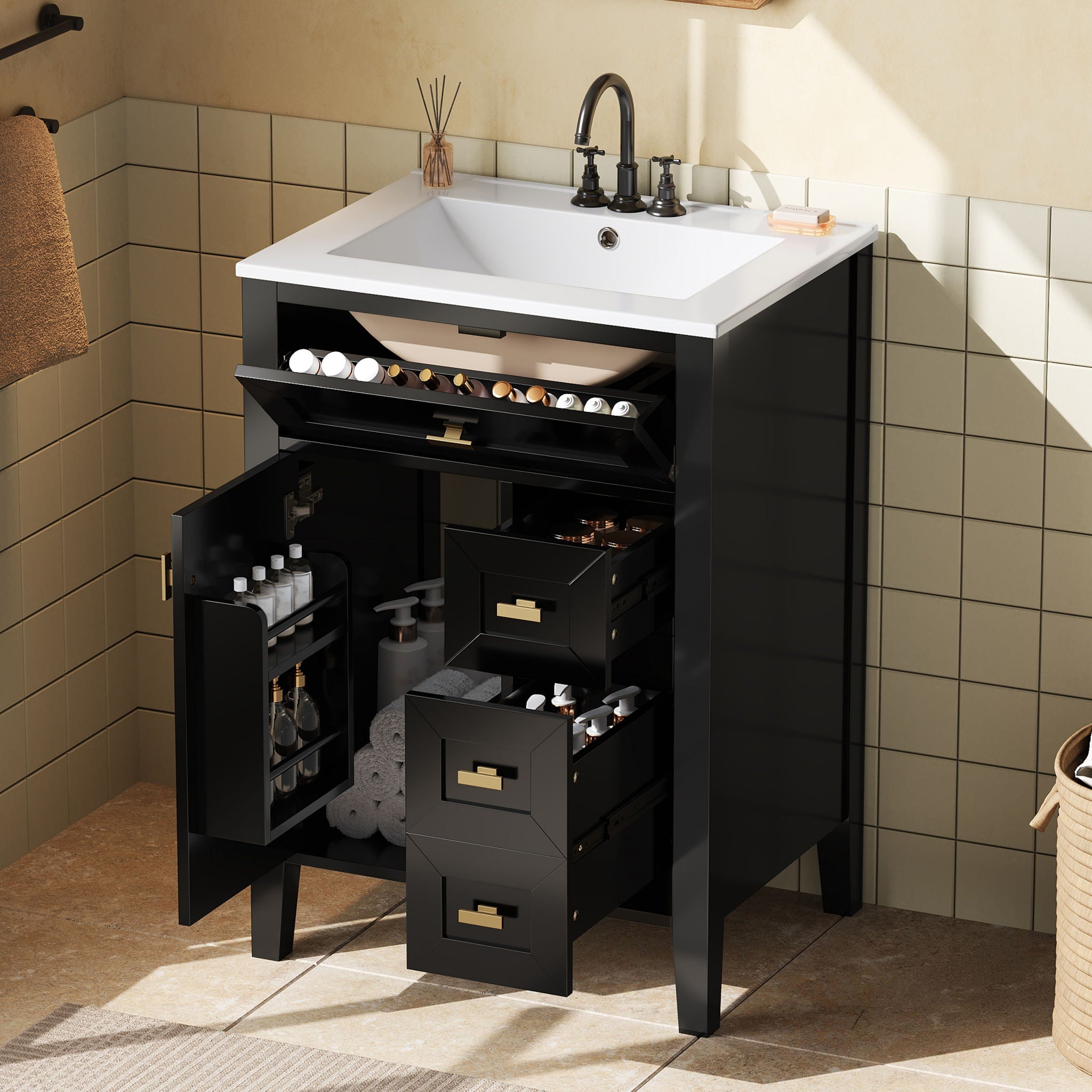 Bathroom Vanity With Sink, 3 Drawers & Cabinet With 2 Tier Door Storage Rack, Soft Close Doors & Drawers