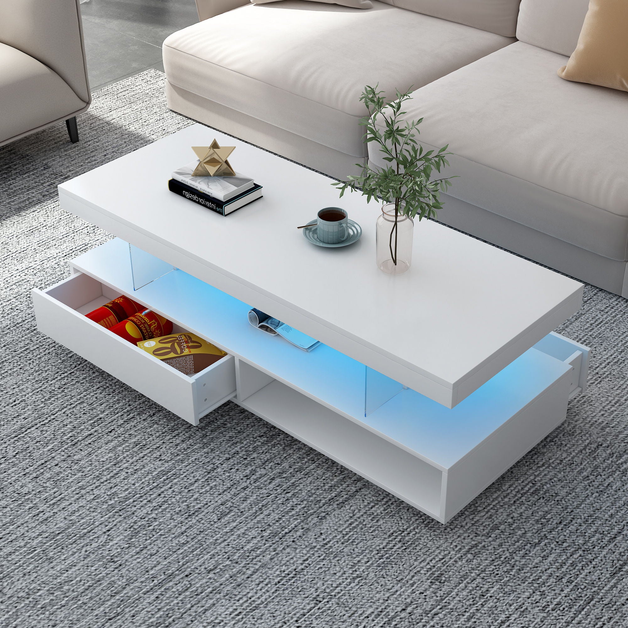 LED Coffee Table With Storage, Modern Center Table With 2 Drawers And Display Shelves, Accent Furniture With LED Lights For Living Room - White