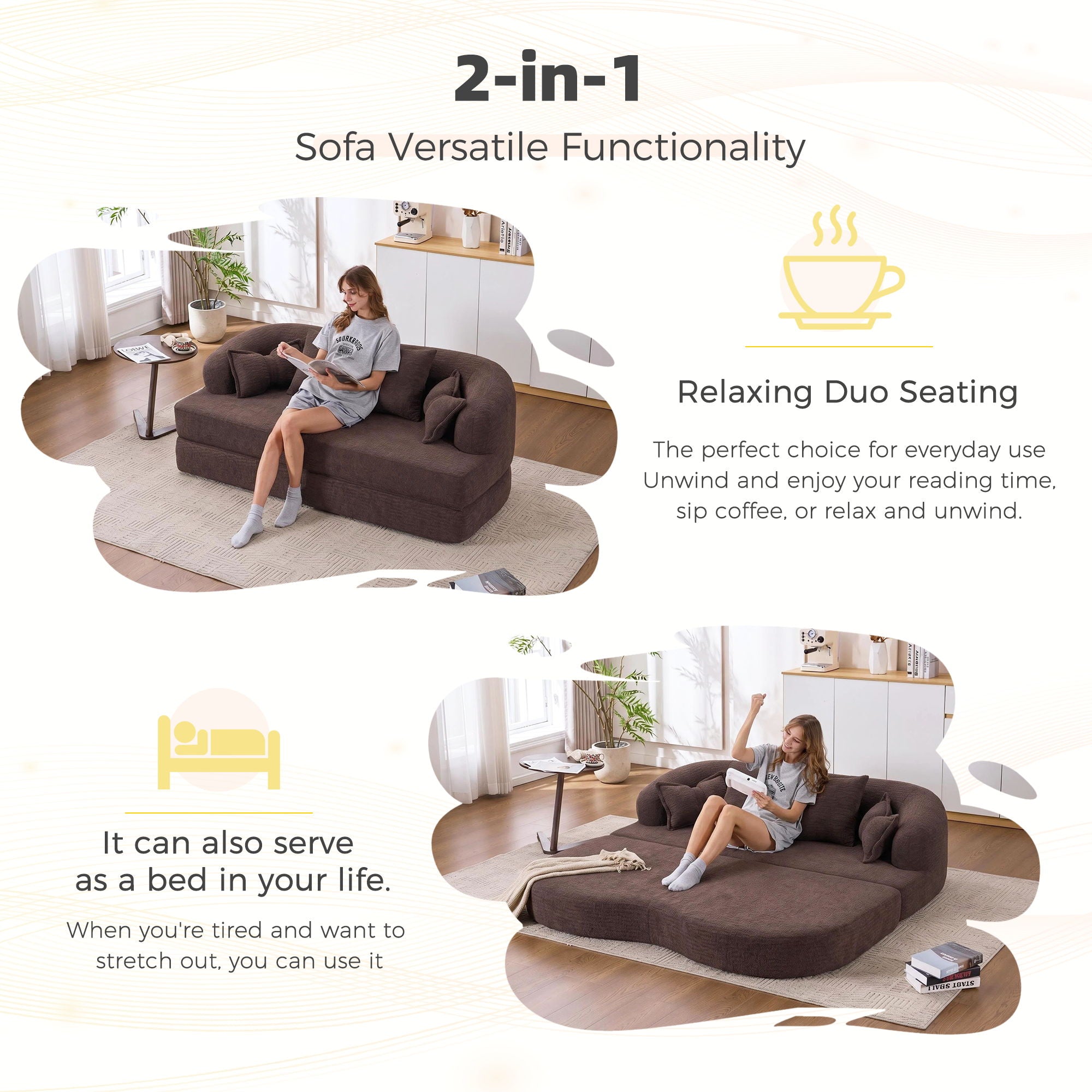 Foldable Sofa Bed, Boneless Couch Convertible Sleeper With 4 Pillows