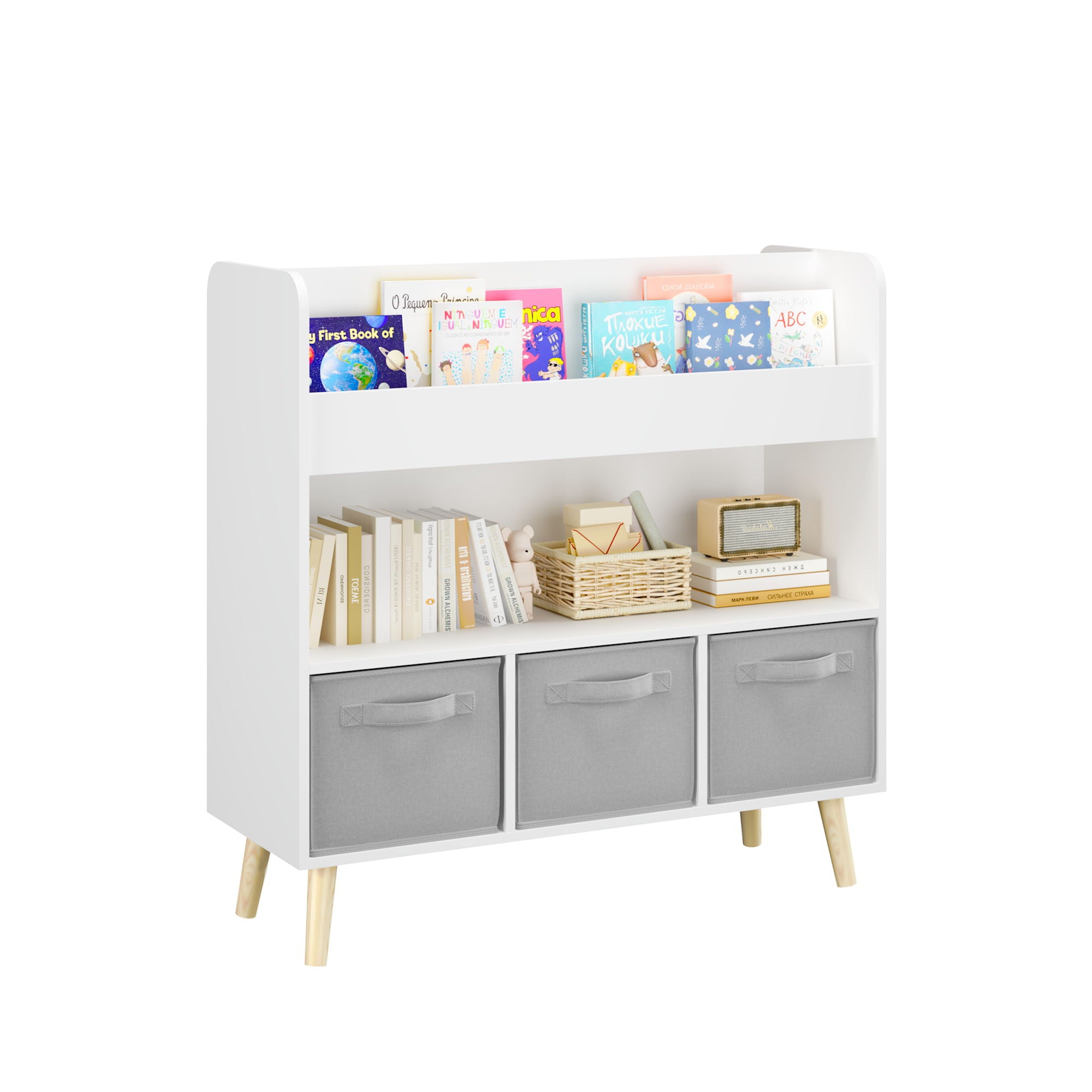 Bookshelf With 3 Bins, Storage Shelf For Toys And Books
