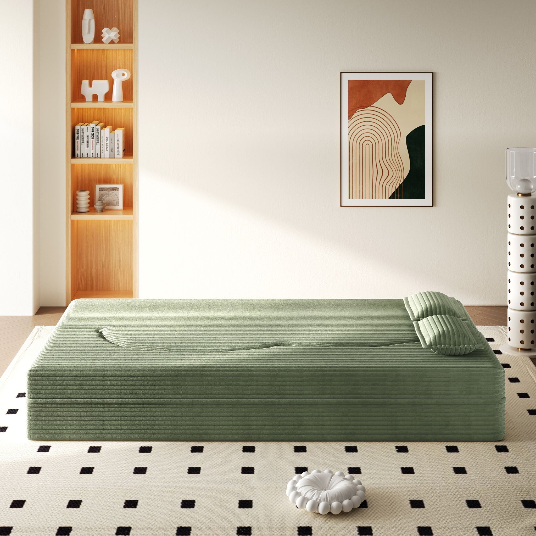 Modern Floor Sofa With 2 Pillows, Convertible Twin Size Folding Mattress For Living Room
