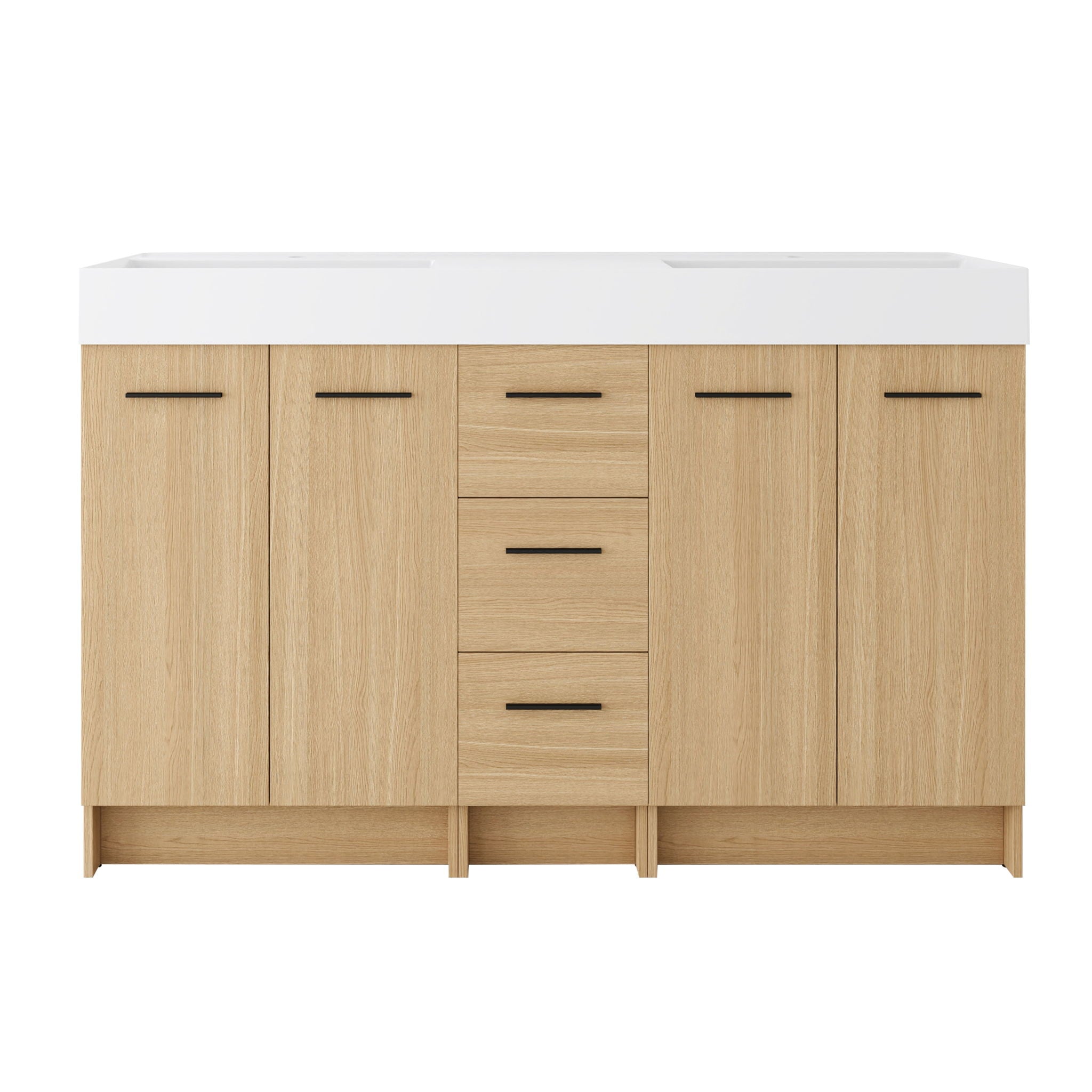 Double Sink Bathroom Vanity With 3 Drawers, Large Storage, Integrated Sink, Freestanding Cabinet, Soft Close Hardware - Glossy White / Light Oak