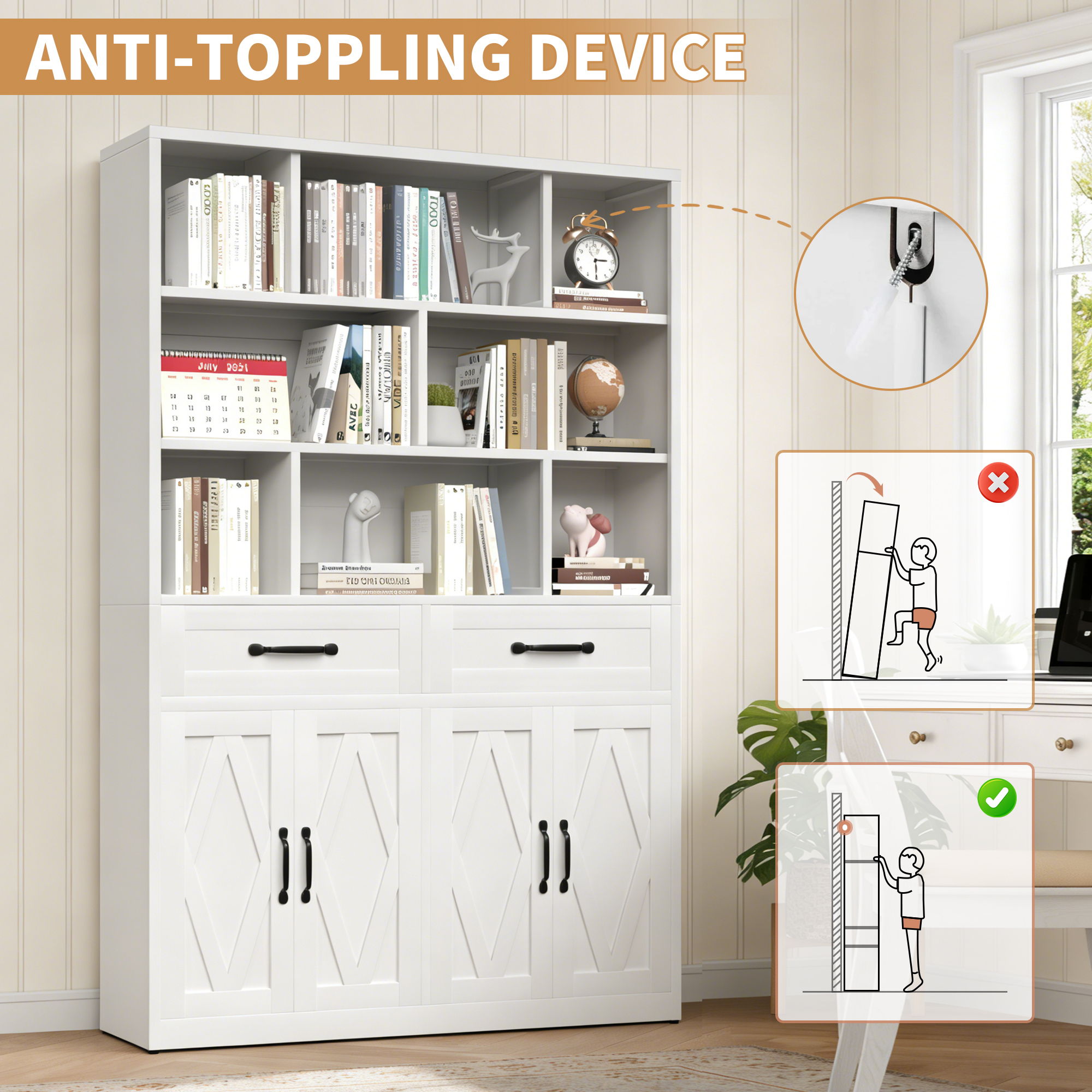Bookcase Tall With 2 Doors & 2 Drawers, Fixed Open Shelves - White