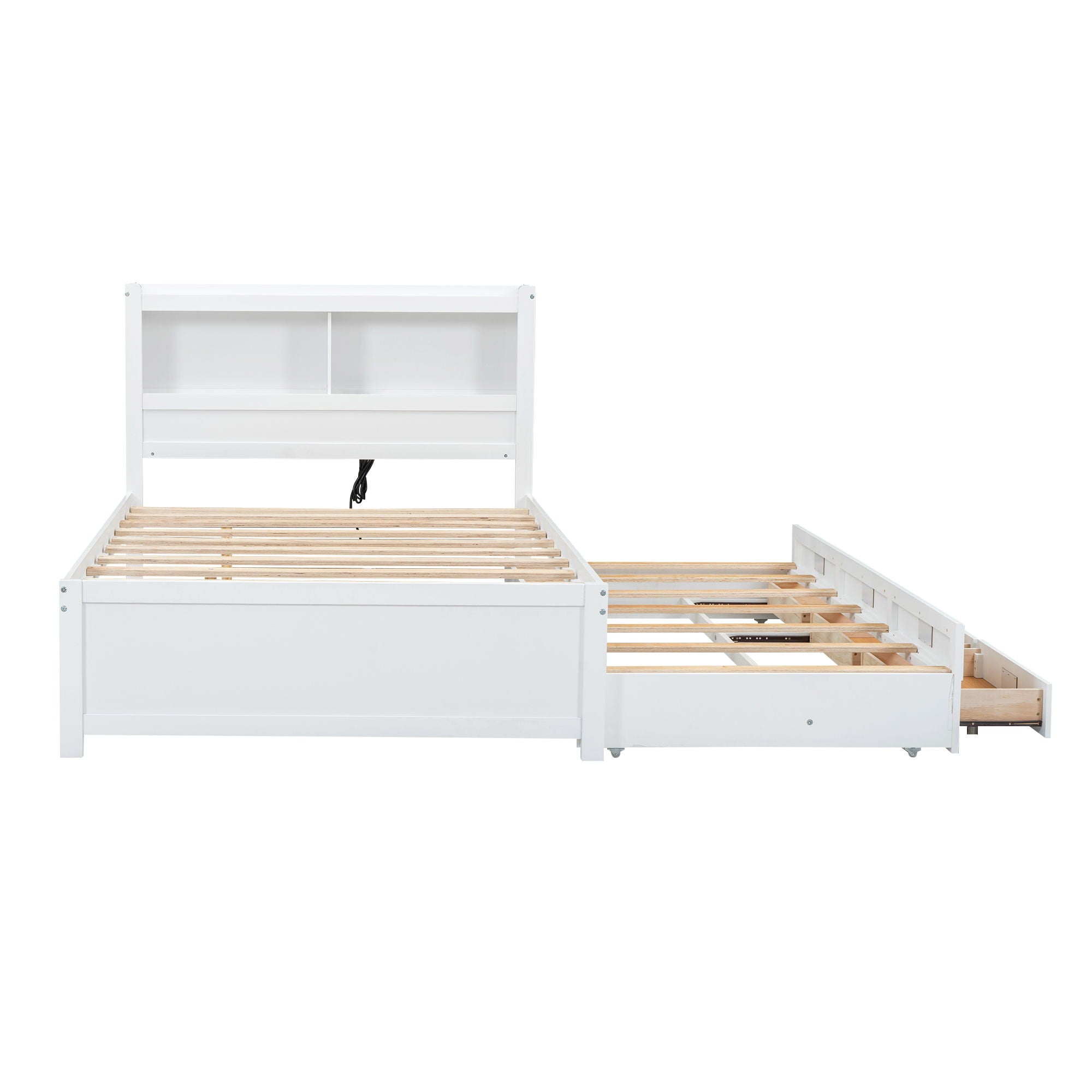 Platform Bed With Trundle, Drawers, USB Ports And Built In Shelves