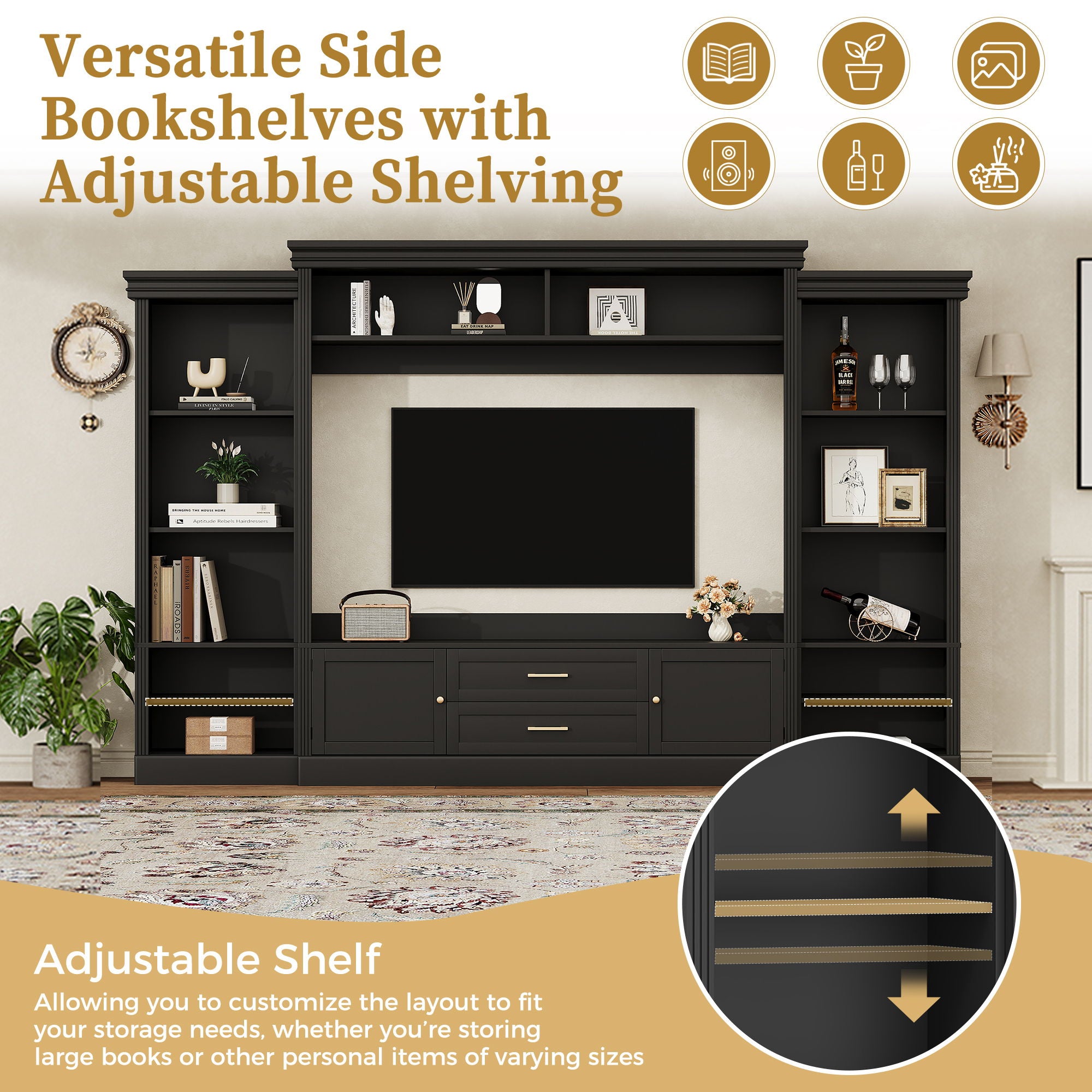 Elegant Entertainment Center Wall Unit With Bookshelves