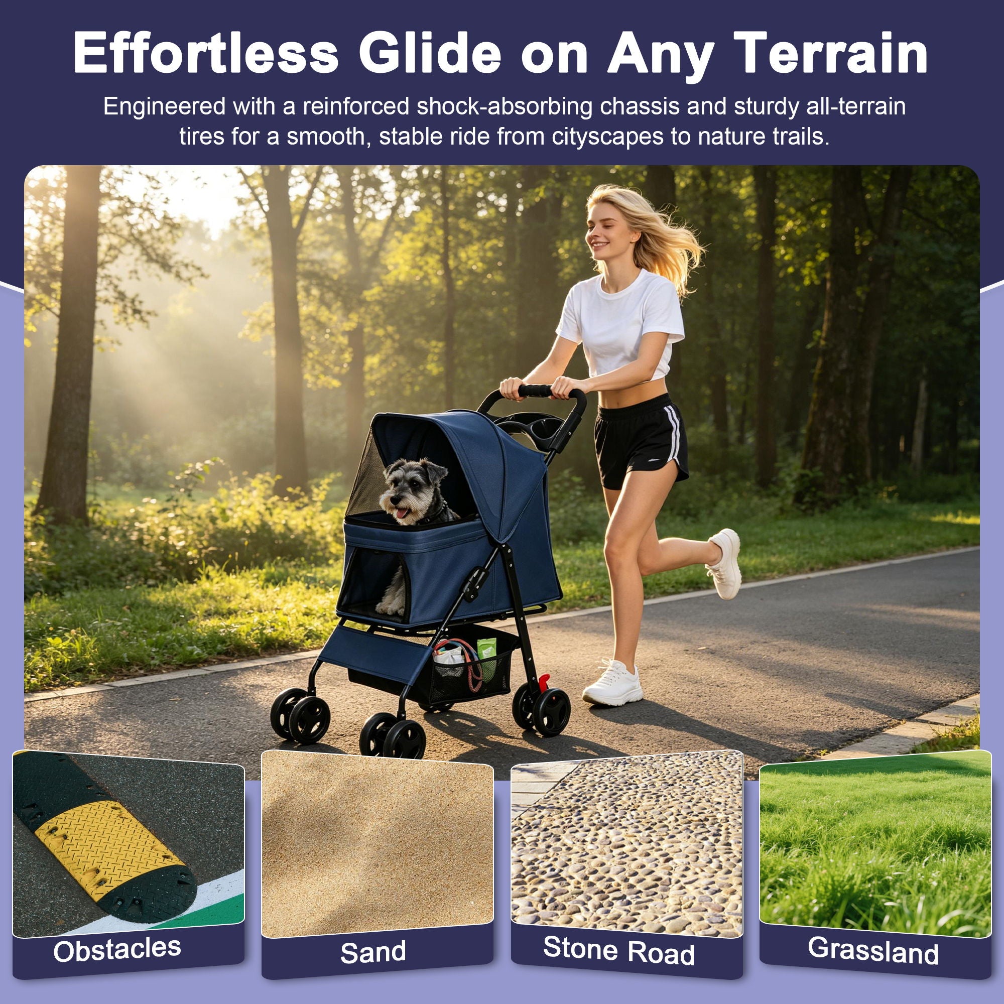 Foldable Pet Stroller For Small Dogs And Cats With Multi Functional Tray