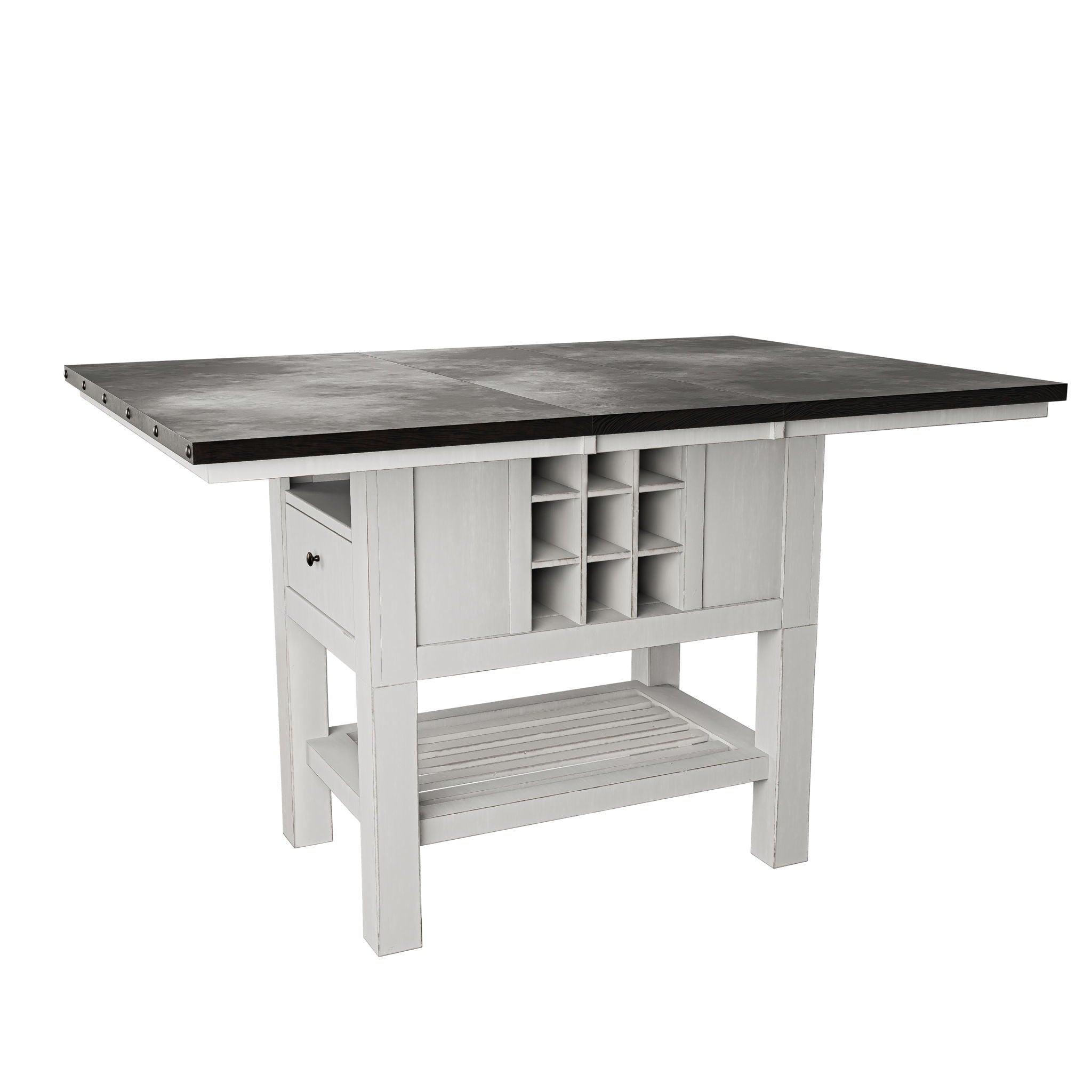 Counter Height Dining Table With 2 Leaves, Under Table Storage - Antique White / Gray