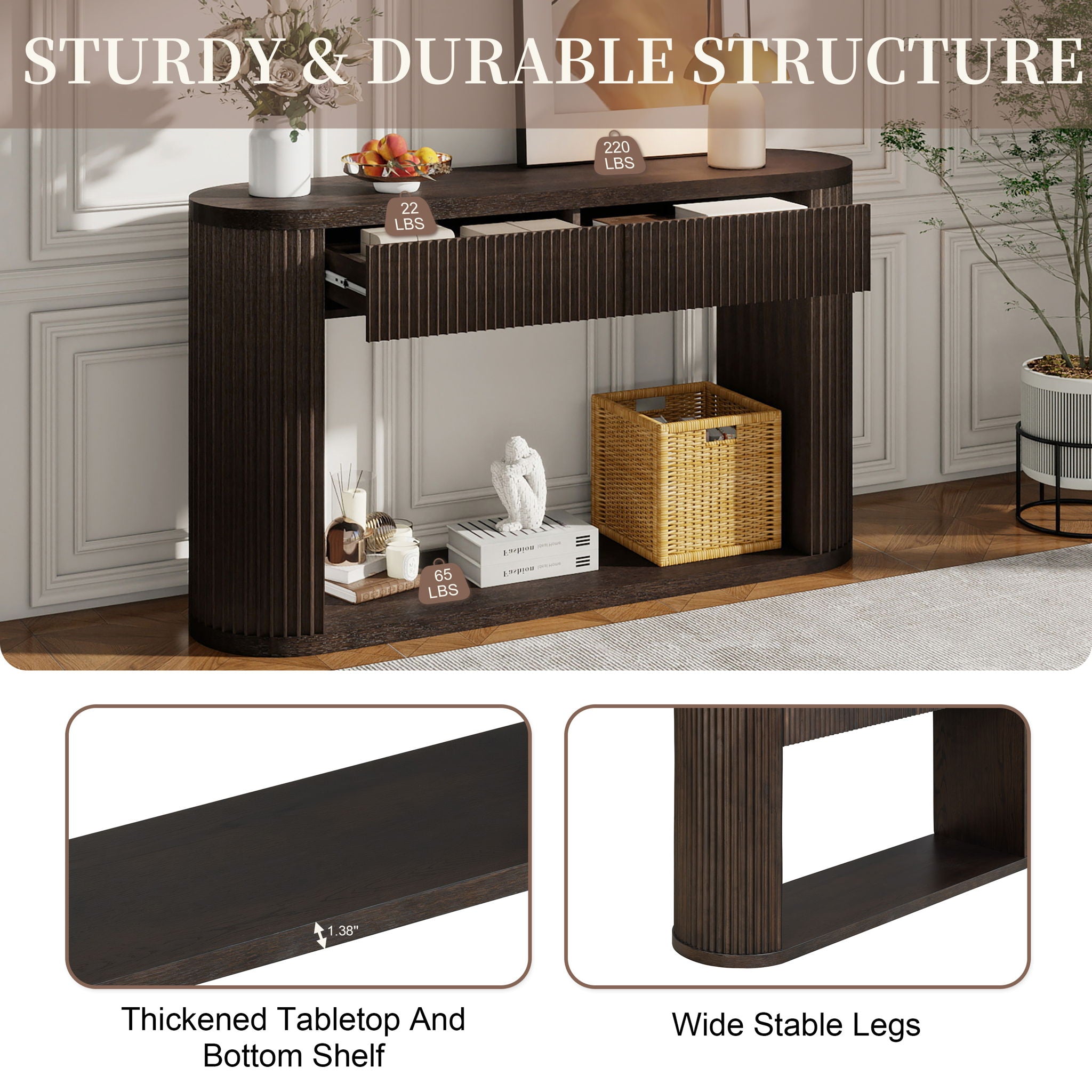 Oval Fluted Console Table With 2 Drawers And Bottom Shelf