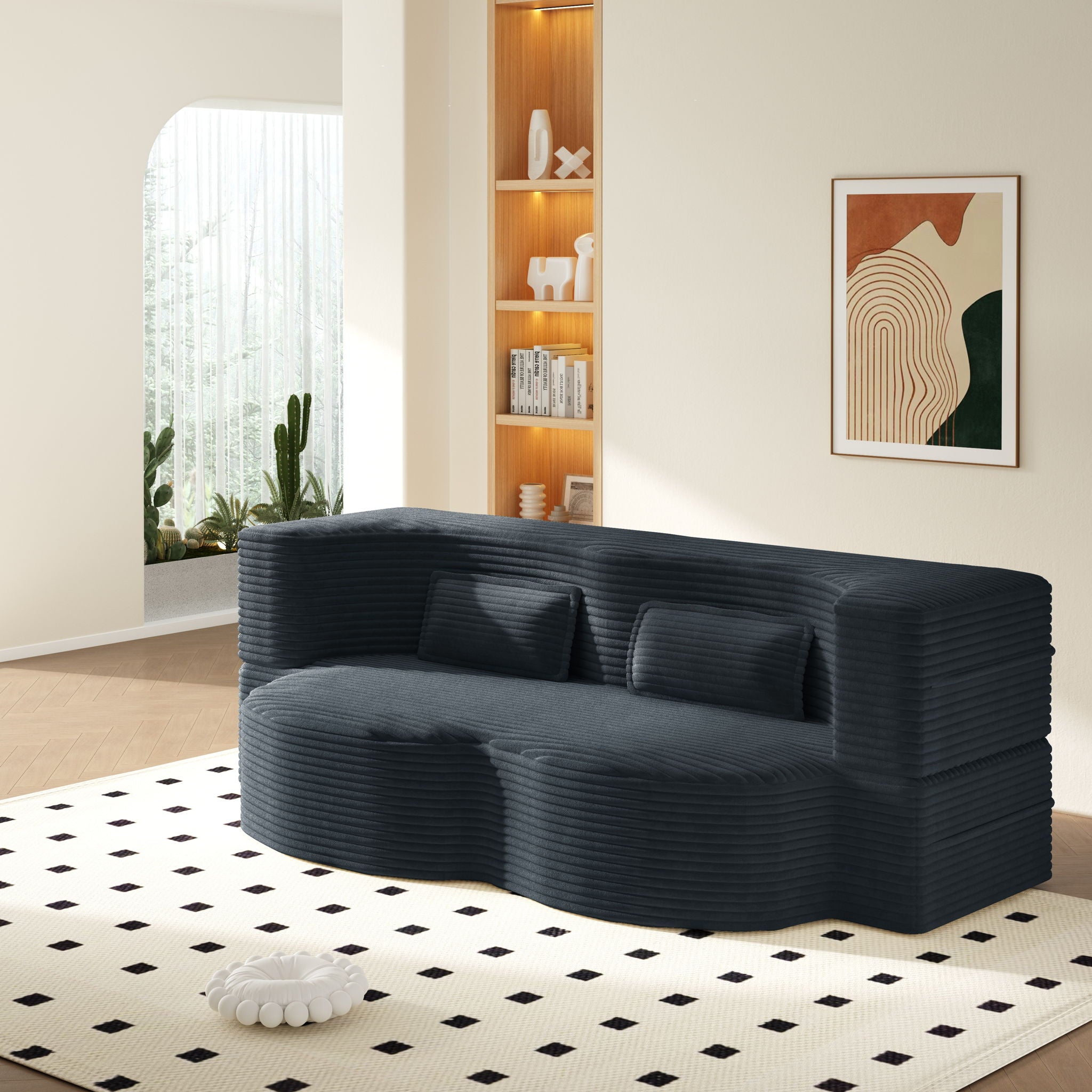 Modern Floor Sofa With 2 Pillows, Convertible Twin Size Folding Mattress For Living Room