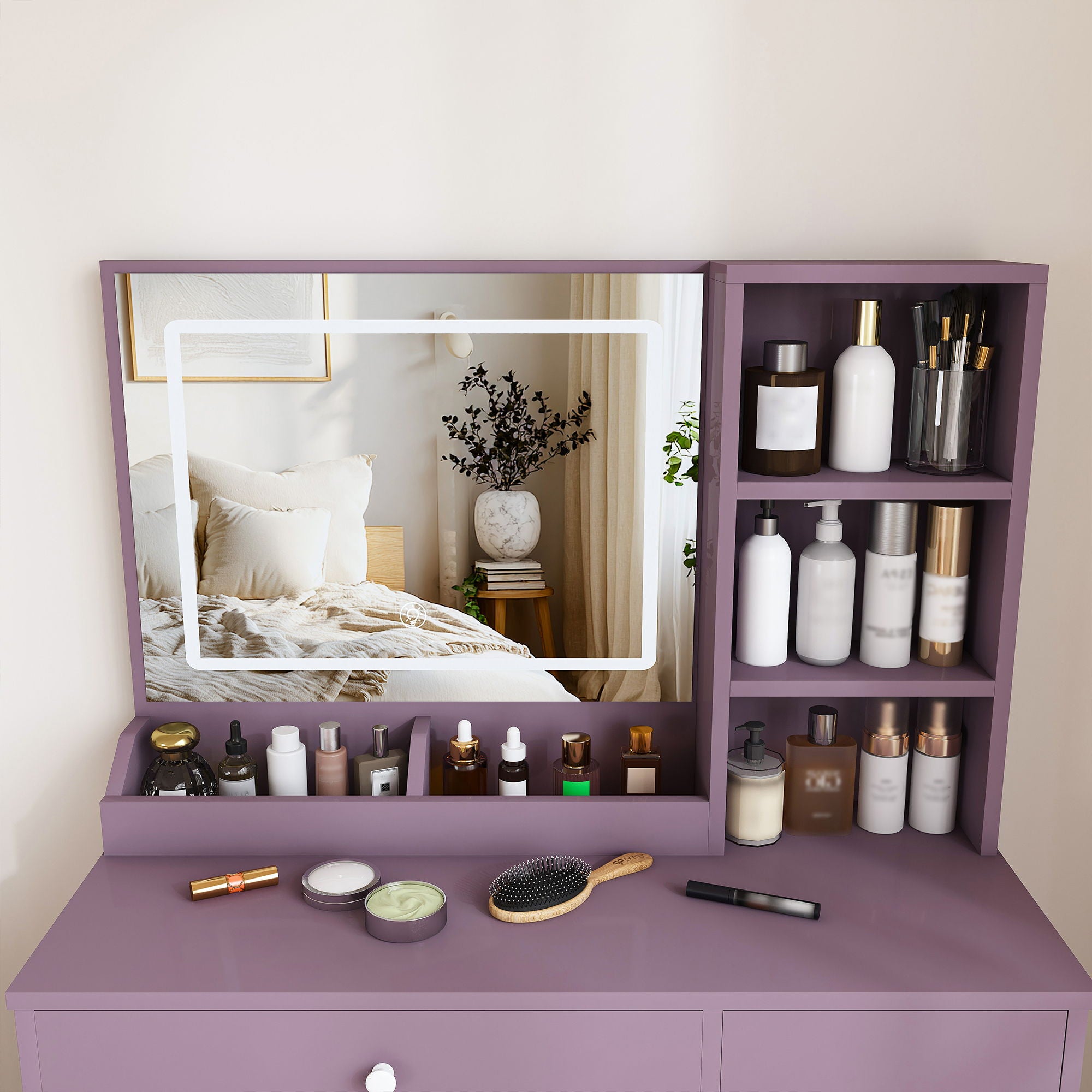 Vanity Desk Set With Padded Stool & Adjustable LED Mirror, 3 Color Mode Lighting, Compact For Bedroom - Purple