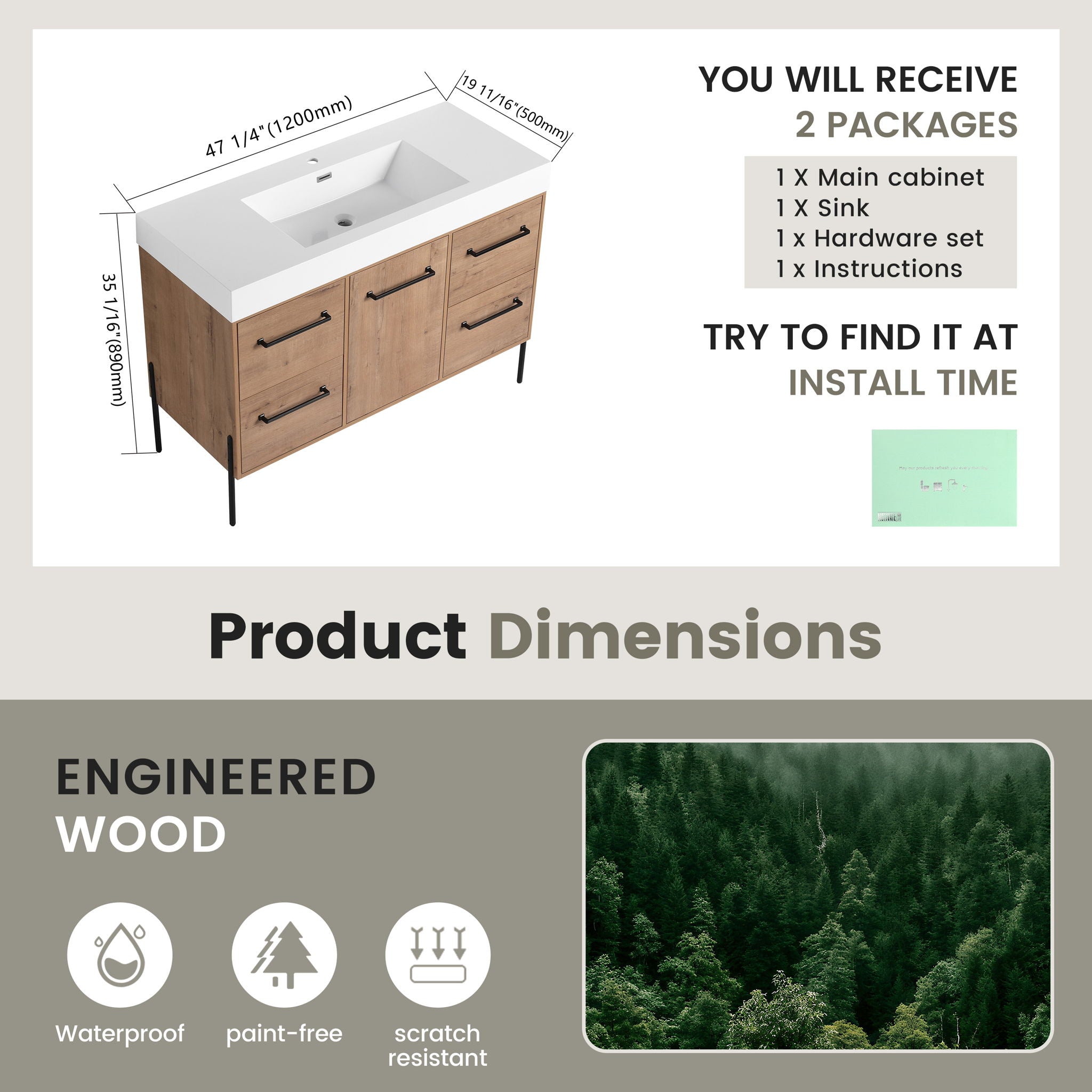 48" Freestanding Bathroom Vanity With Sink, Soft Close Cabinet Doors, 4 Drawers - Imitative Oak