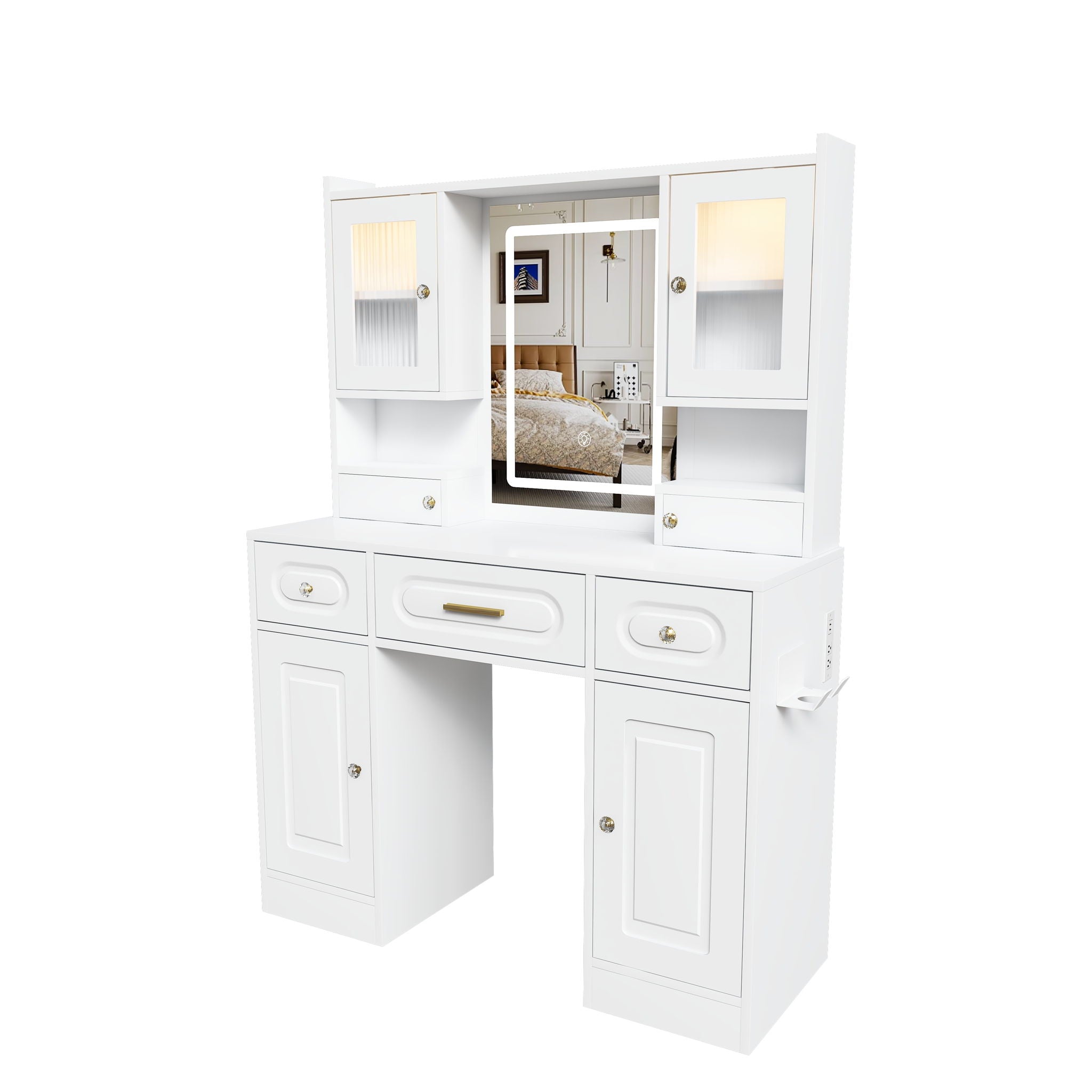 Large Vanity Table Set With Mirror, 6 Drawers & Shelves, Power Socket, Hair Dryer Holder, Cabinet Light, Dressing Desk - White