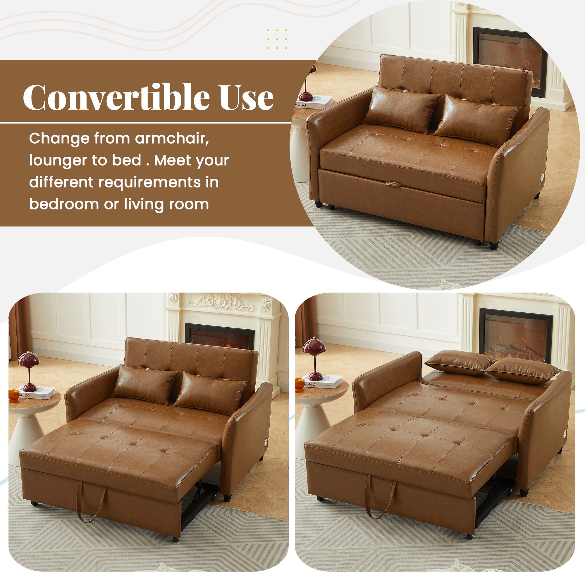 Convertible Sleeper Sofa Bed With 3 USB Ports