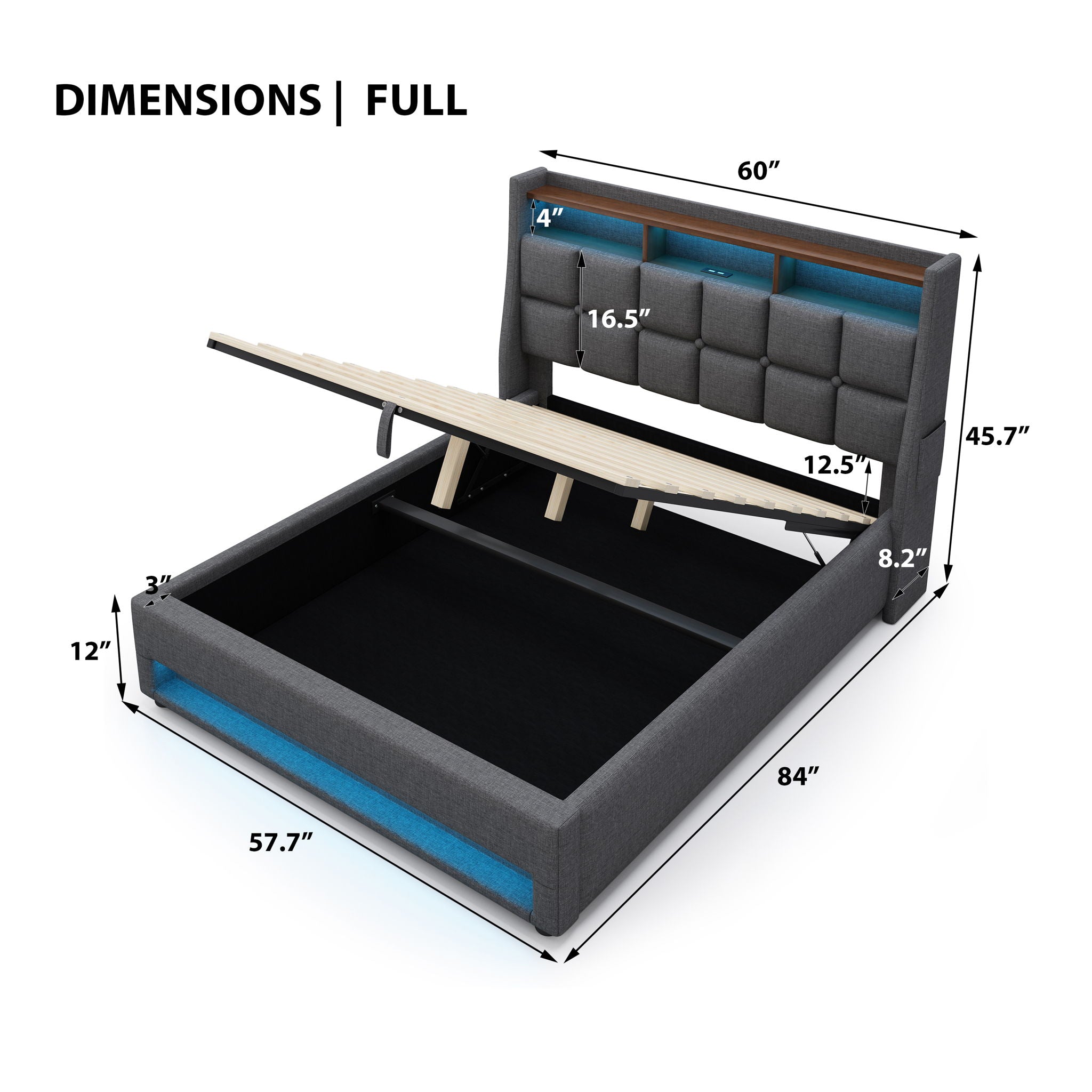 Platform Bed With Hydraulic Storage, LED Lighting & Charging Station
