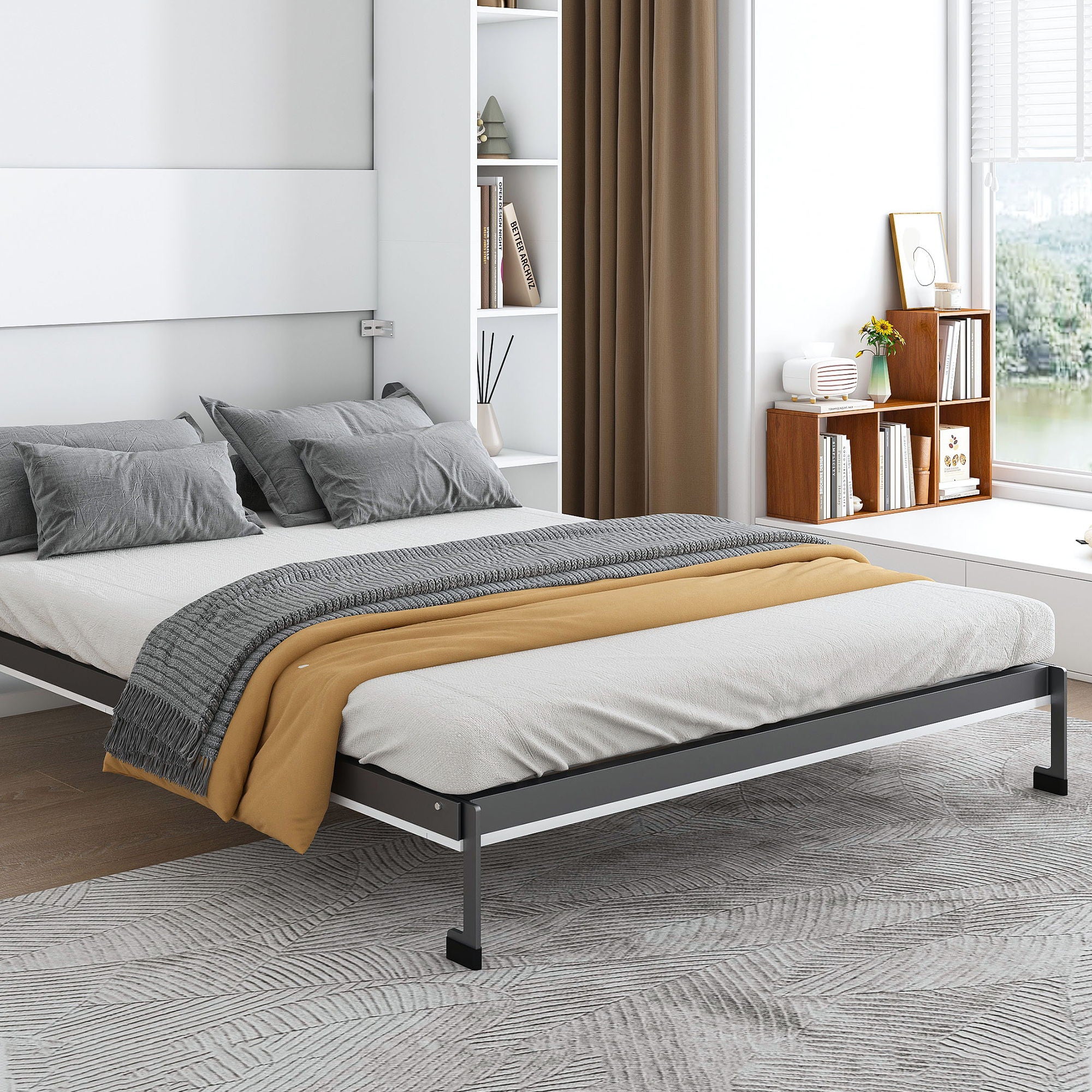 Queen Murphy Bed With Storage Cabinet, Foldable Wall Bed For Bedrooms - White