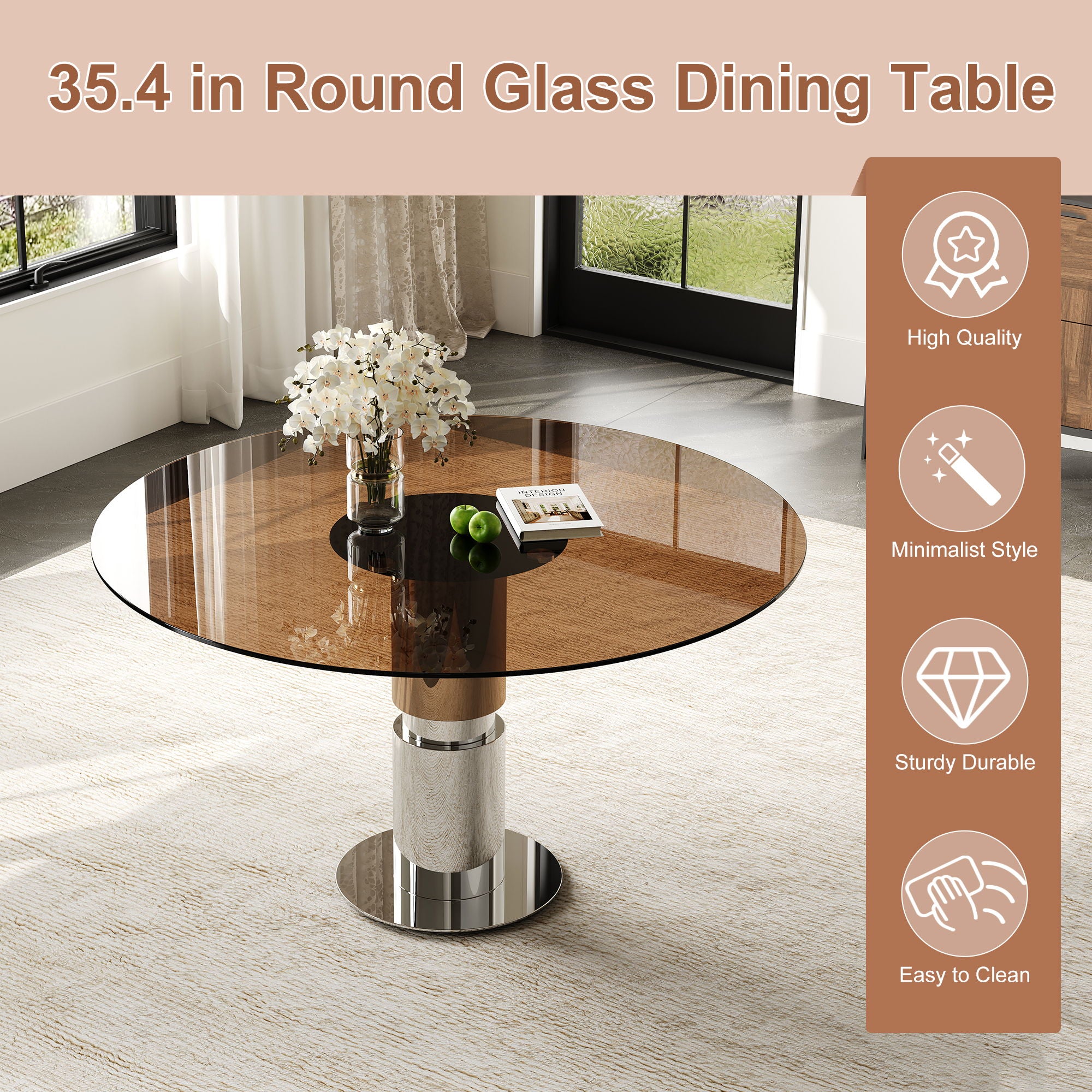 Round Dining Table / Tempered Glass Top - Brown