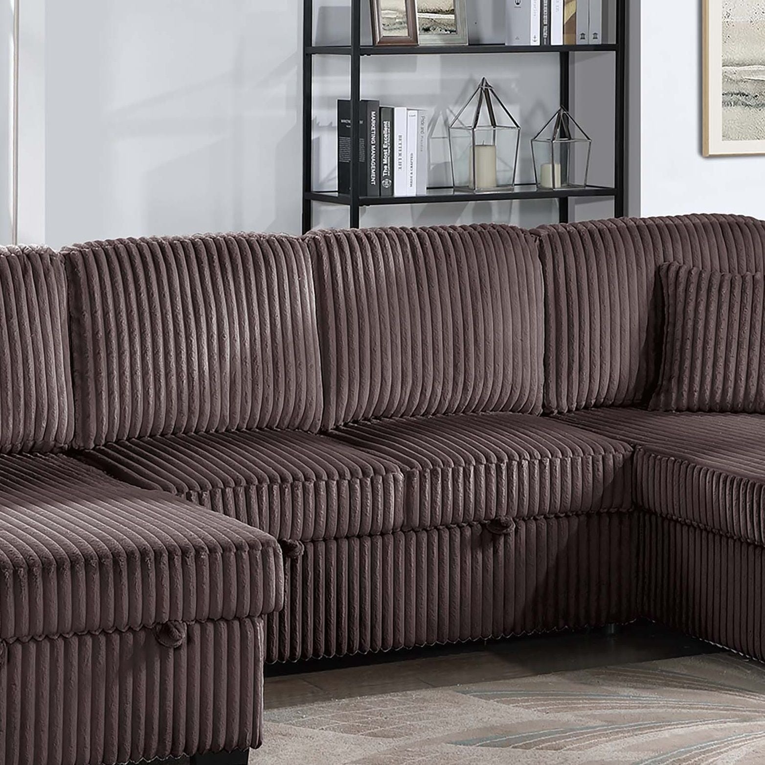 Convertible Sectional, Storage Chaises, Pull Out Middle Section - Chocolate