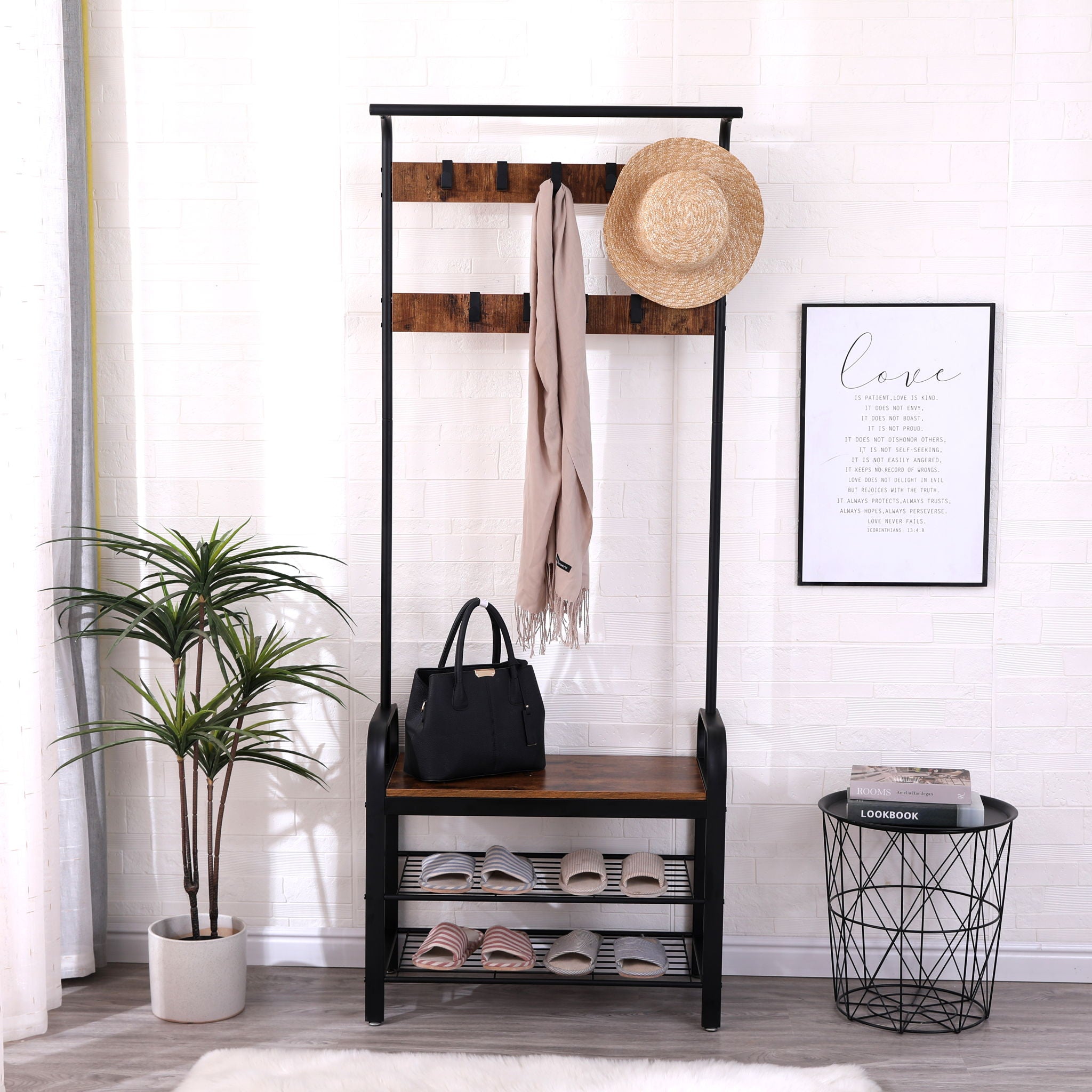 Hall Tree With Shoe Bench For Entryway With 9 Removable Hooks