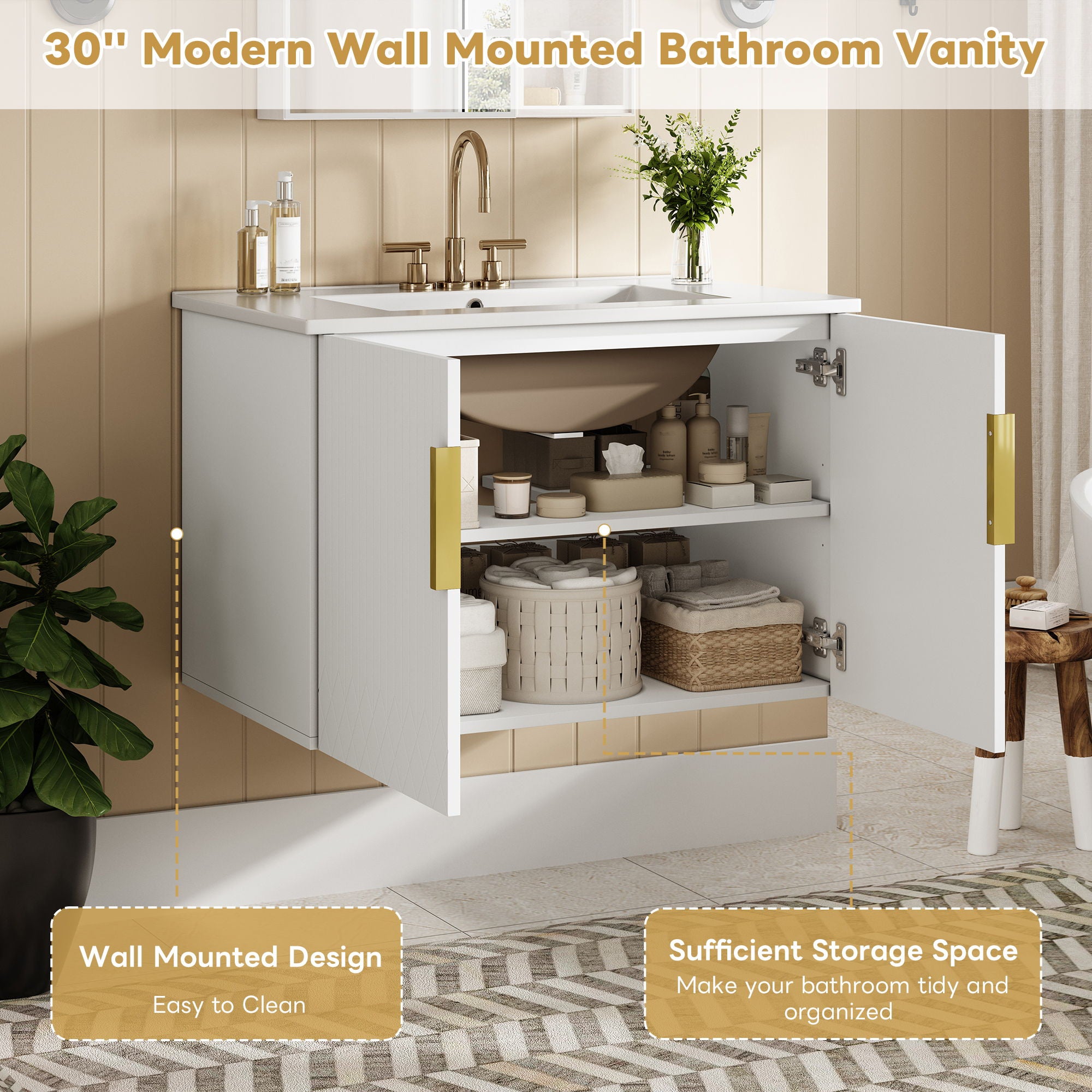 Bathroom Vanity With Sink, Rectangular Storage Cabinet With 2 Soft Closing Doors - White